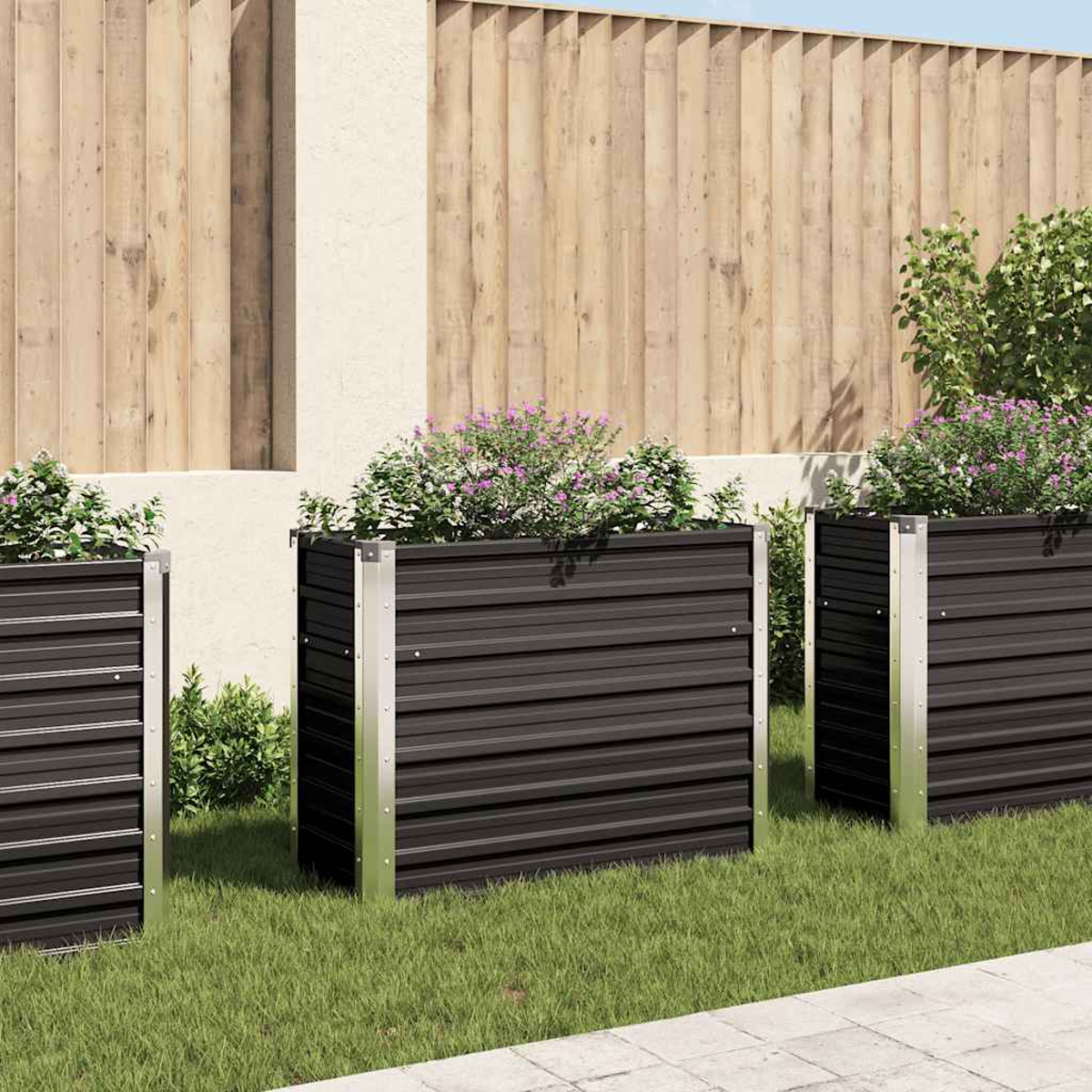 Drei schwarze rechteckige Pflanzgefäße mit Pflanzen. Der Hintergrund zeigt einen Holzzaun, grünes Gras und eine hellfarbene Wand.