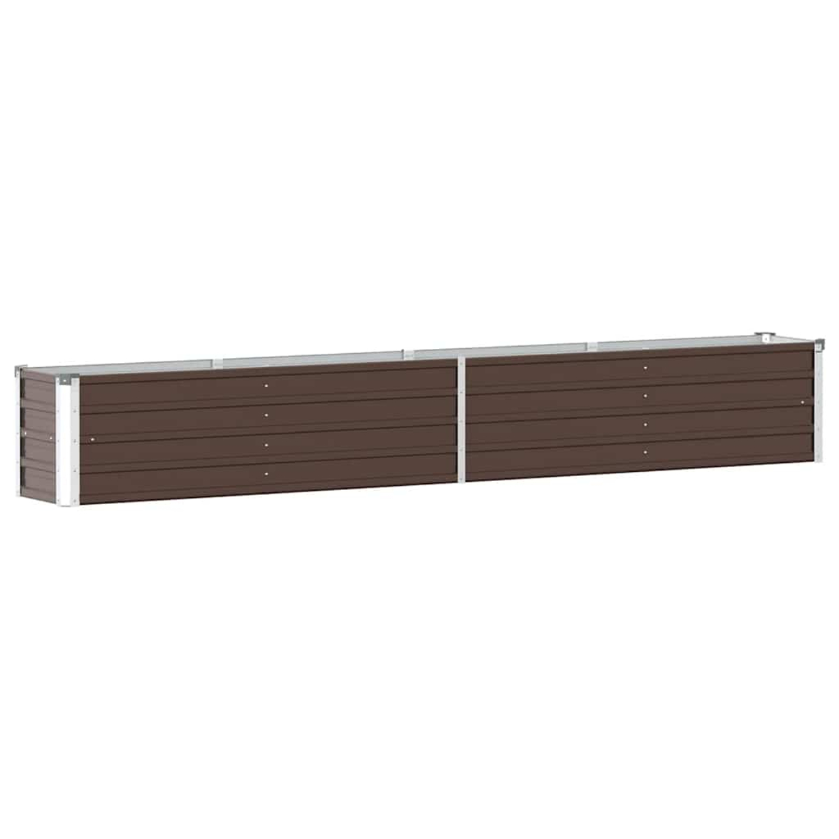 Ein langer, rechteckiger brauner Metallpflanzkasten mit silbernen Ecken und weißem Hintergrund. Der Pflanzkasten hat horizontale Linien.