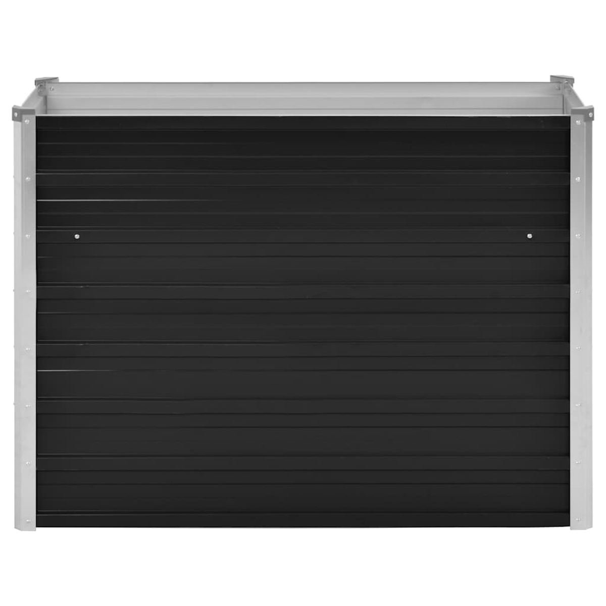 Eine schwarze Metall-Aufbewahrungsbox mit horizontalen Linien, eingerahmt von silbernen Metallkanten, vor weißem Hintergrund.