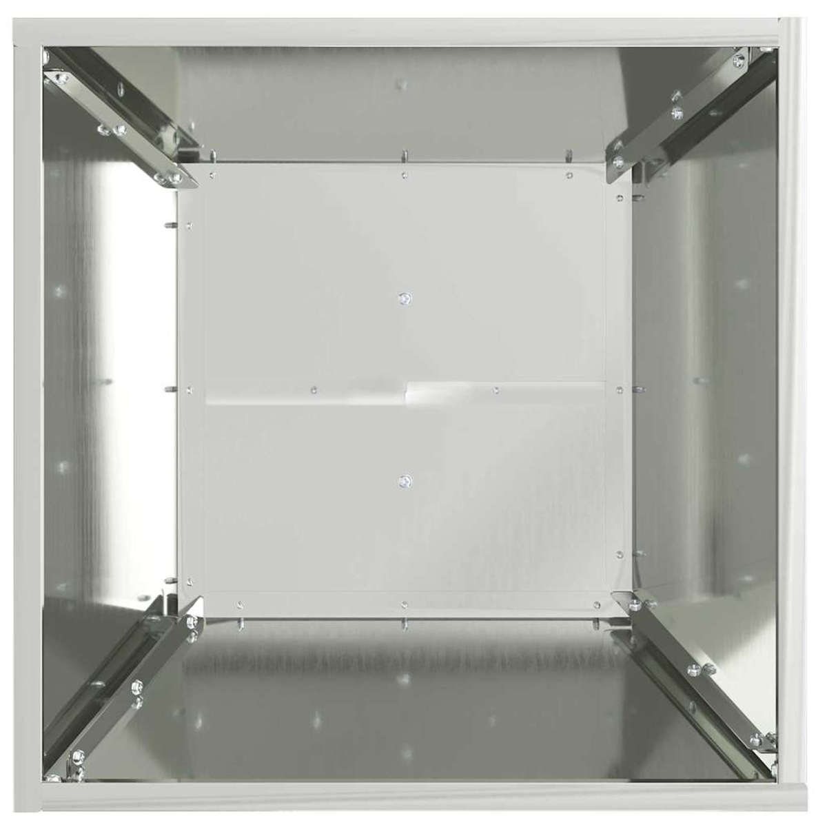 Vista interna di una scatola metallica con apertura quadrata. L'interno è metallico, con viti e strutture di supporto visibili.