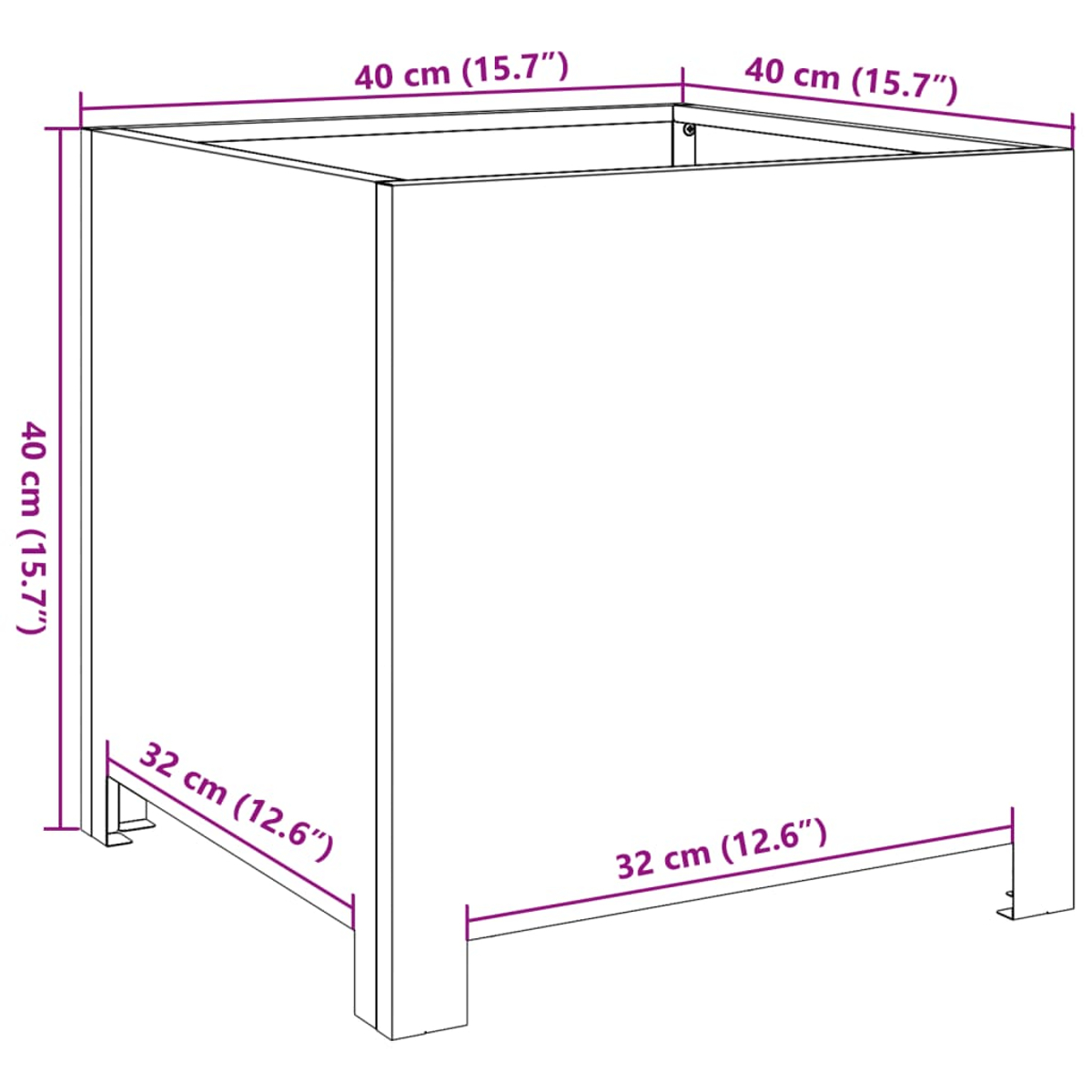 Una scatola con dimensioni: 40 cm (15,7") sopra e sui lati, 32 cm (12,6") alla base. La scatola è di colore chiaro.