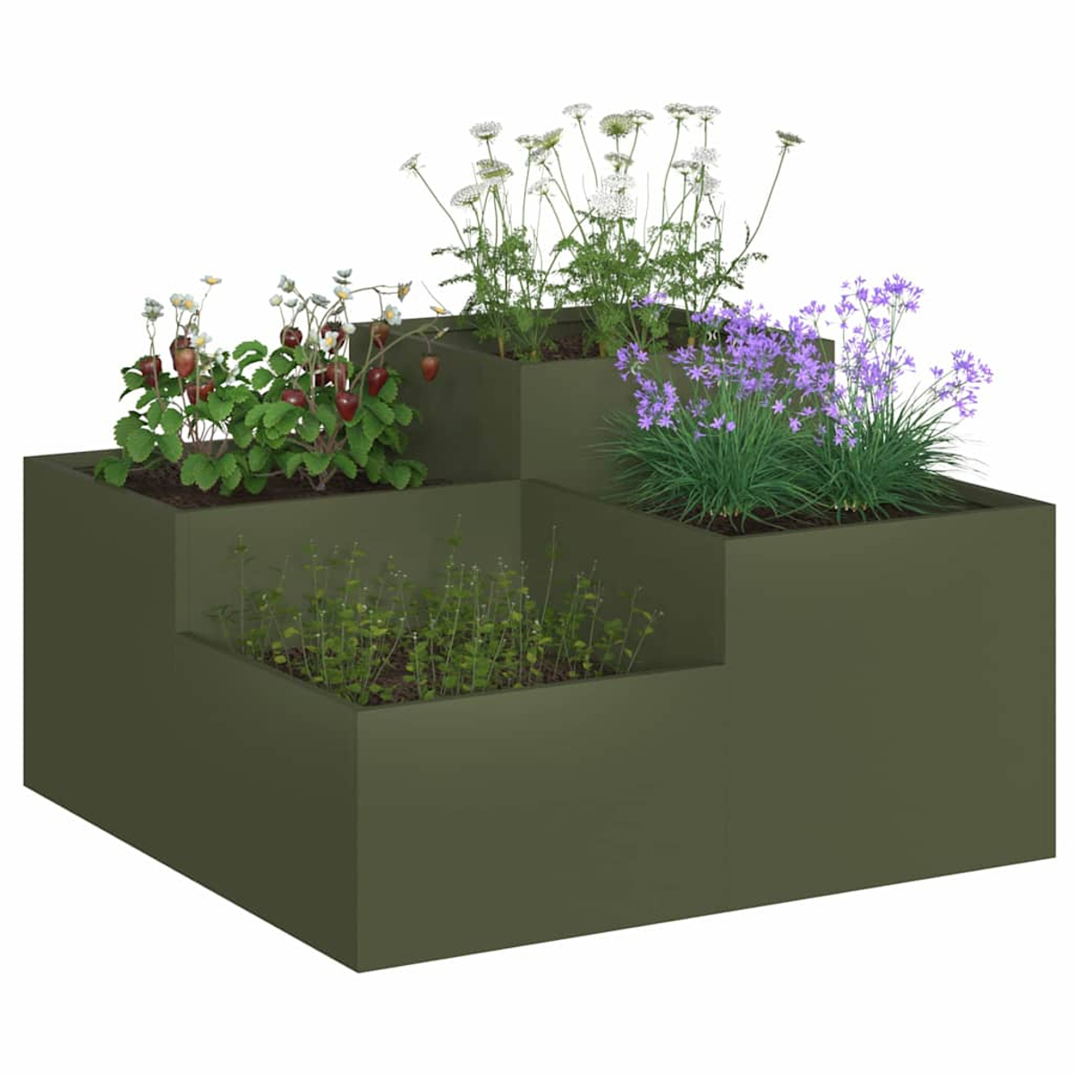 Una fioriera a gradini verde oliva con fragole, fiori bianchi e fiori viola. La fioriera ha tre livelli con piante.