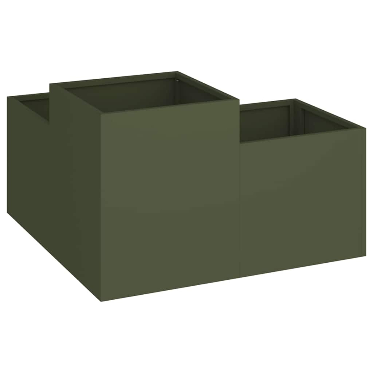 Fioriere verde oliva a tre livelli su sfondo bianco. Ogni scatola è quadrata, con la parte superiore aperta.