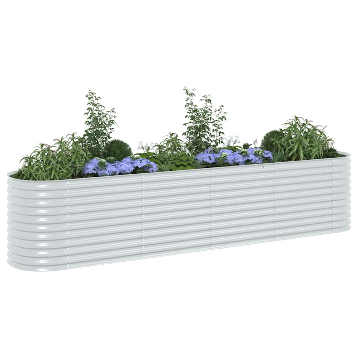 Ein rechteckiger, gewellter Metallpflanzer gefüllt mit verschiedenen grünen Pflanzen und lila Blumen vor weißem Hintergrund.