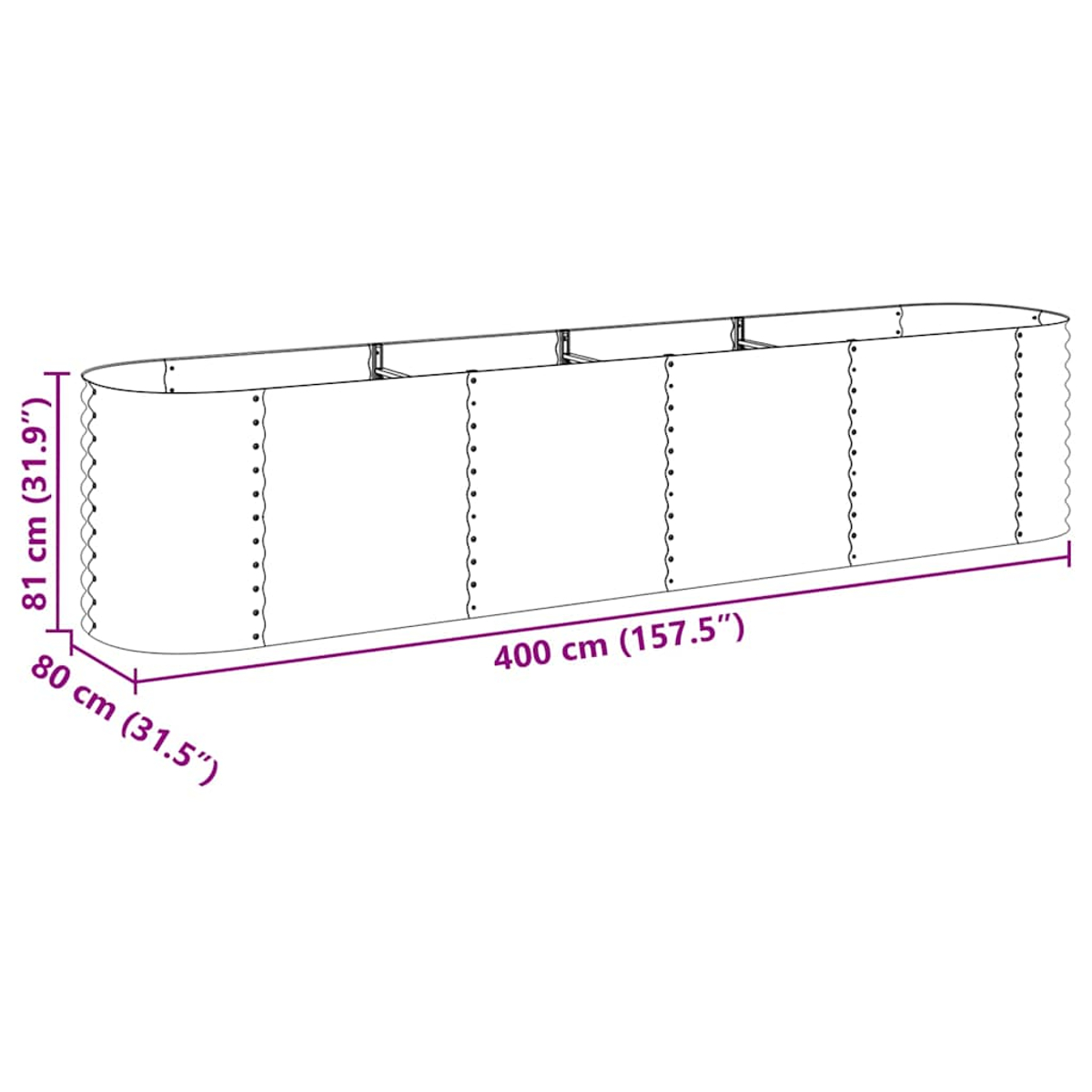 Ein langer, rechteckiger Metallpflanzkübel mit den Maßen: 400 cm lang, 81 cm hoch und 80 cm breit. Er hat Nieten und Halterungen.
