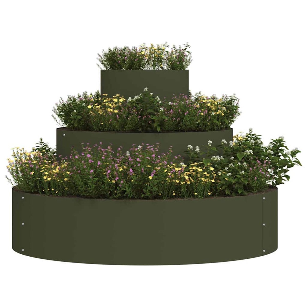 Ein gestufter Pflanzkübel mit drei Ebenen, gefüllt mit Blumen. Die Blumen sind gelb, rosa und weiß, vor einem grünen Hintergrund.