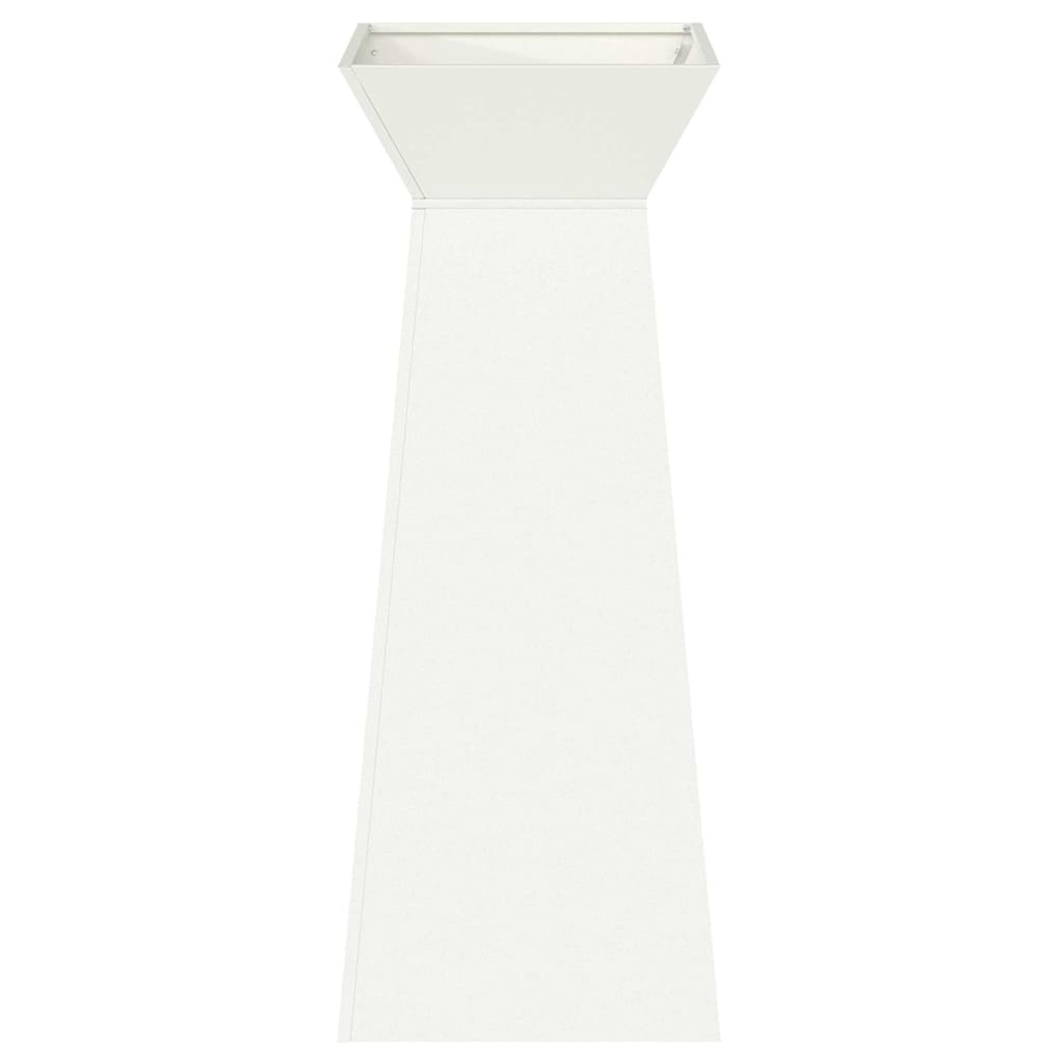 Un portavaso bianco e moderno. Presenta una parte superiore quadrata e una base trapezoidale, il tutto in un design pulito e minimalista.