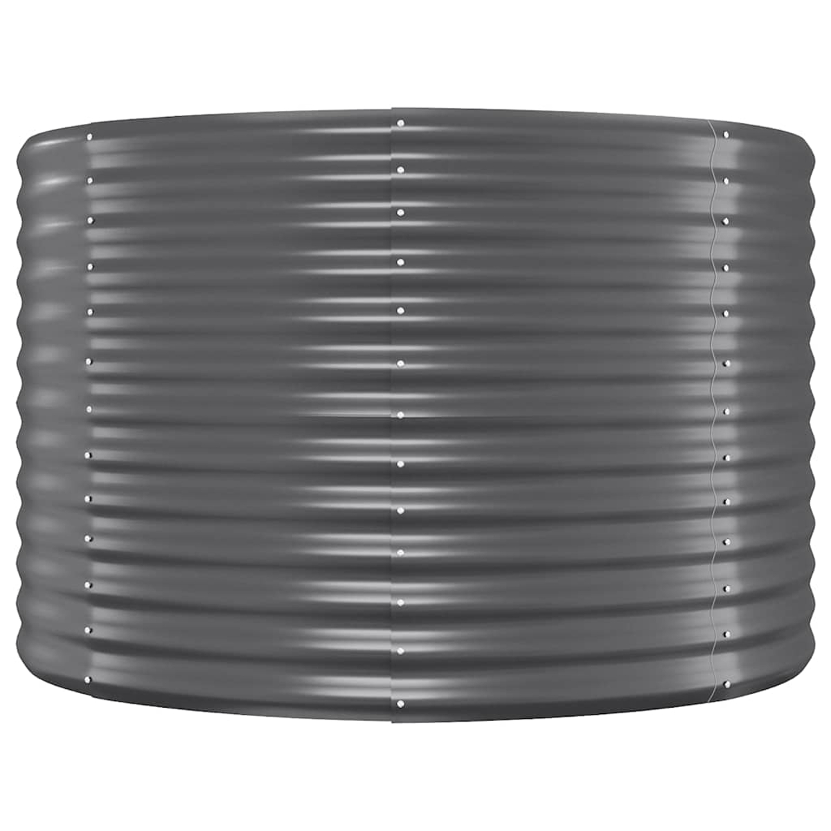 Ein zylindrischer, grauer Metallpflanzkübel mit gewellter Textur, Nieten und geschwungener Form, bereit zum Bepflanzen.
