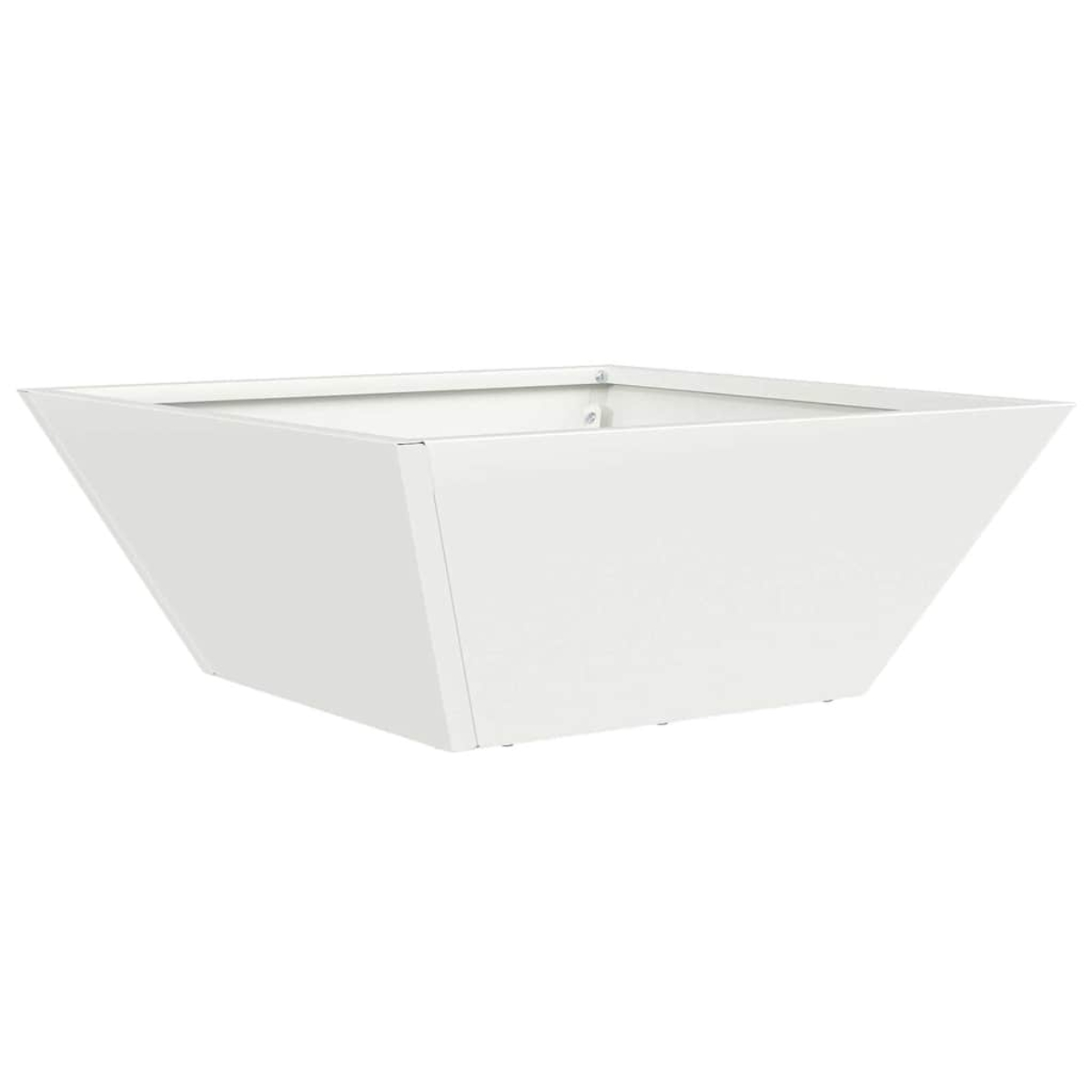 Una fioriera bianca quadrata con forma trapezoidale. È vuota e ha un design semplice e moderno su sfondo bianco.