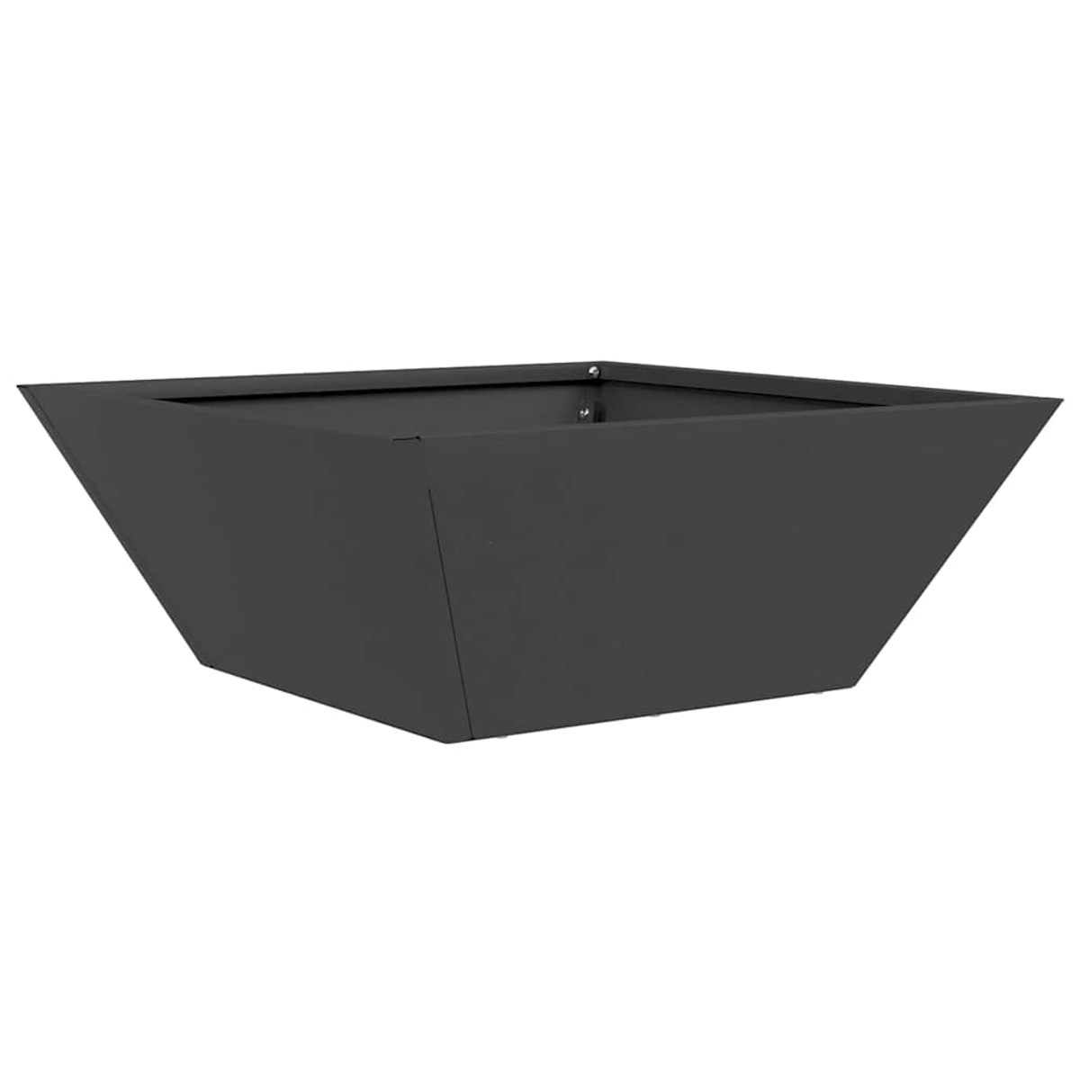 Una fioriera quadrata grigio scuro con lati angolati. Ha un design semplice e moderno e si trova su sfondo bianco.