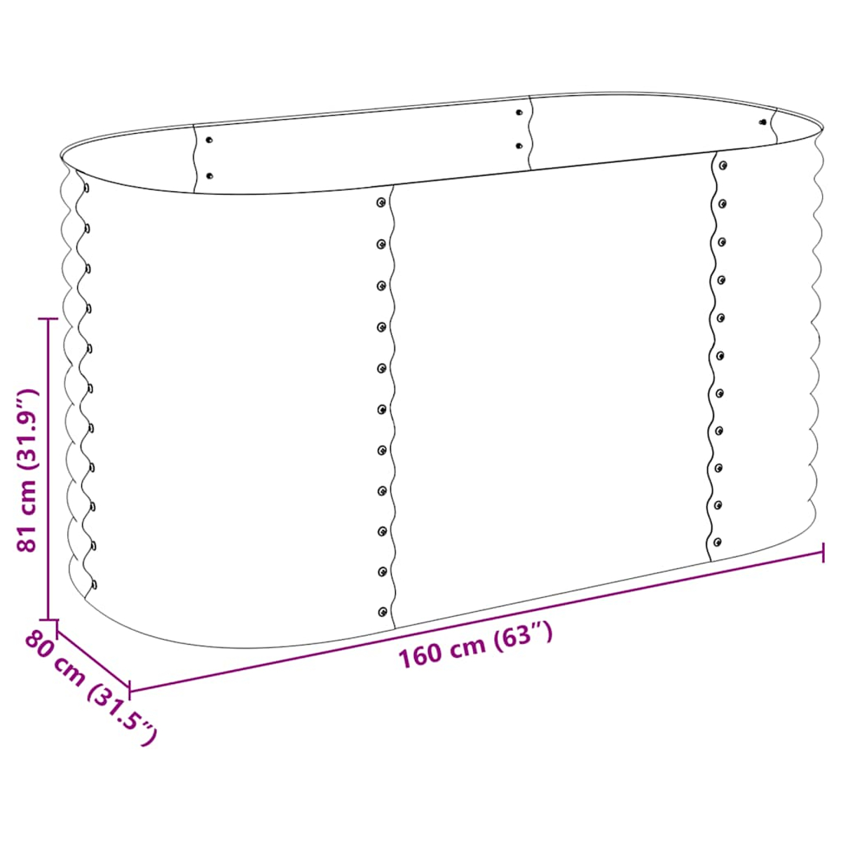 Illustration eines rechteckigen Gartenbeets mit Maßangaben: 160 cm lang, 81 cm hoch und 80 cm breit.