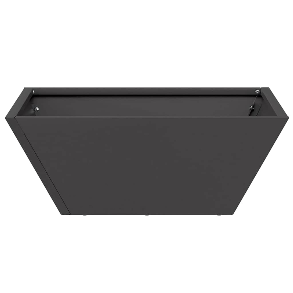 Un'aiuola rettangolare grigio scuro, vista dal basso. Ha una forma trapezoidale con la parte superiore piatta e viti visibili.