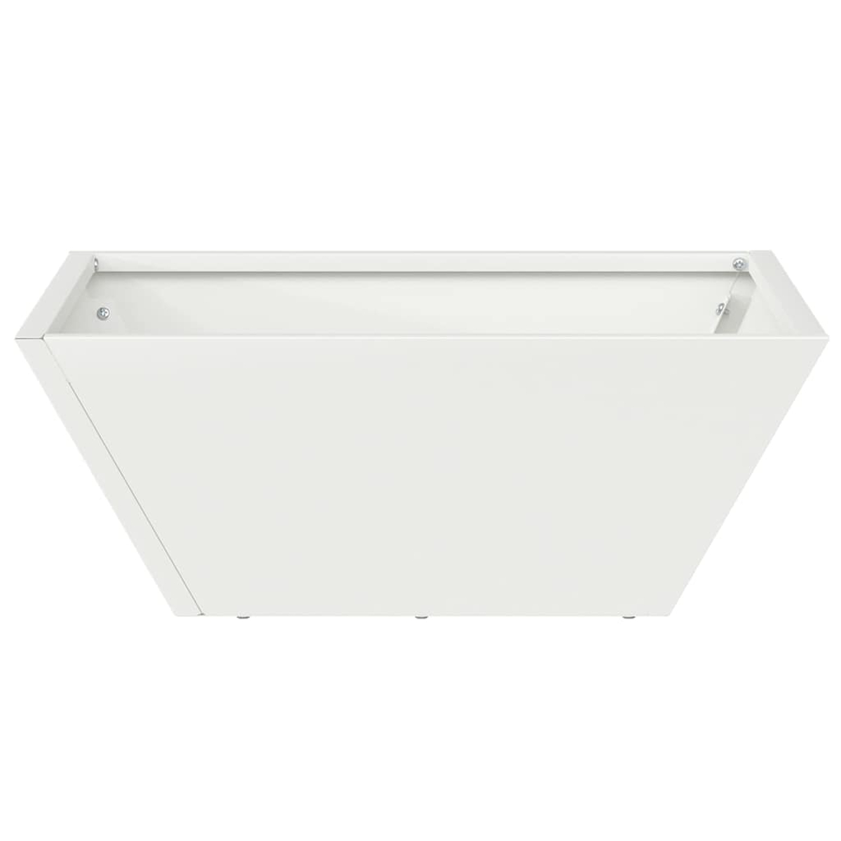 Una fioriera bianca trapezoidale, vista dal basso, con un design pulito e moderno su sfondo bianco.