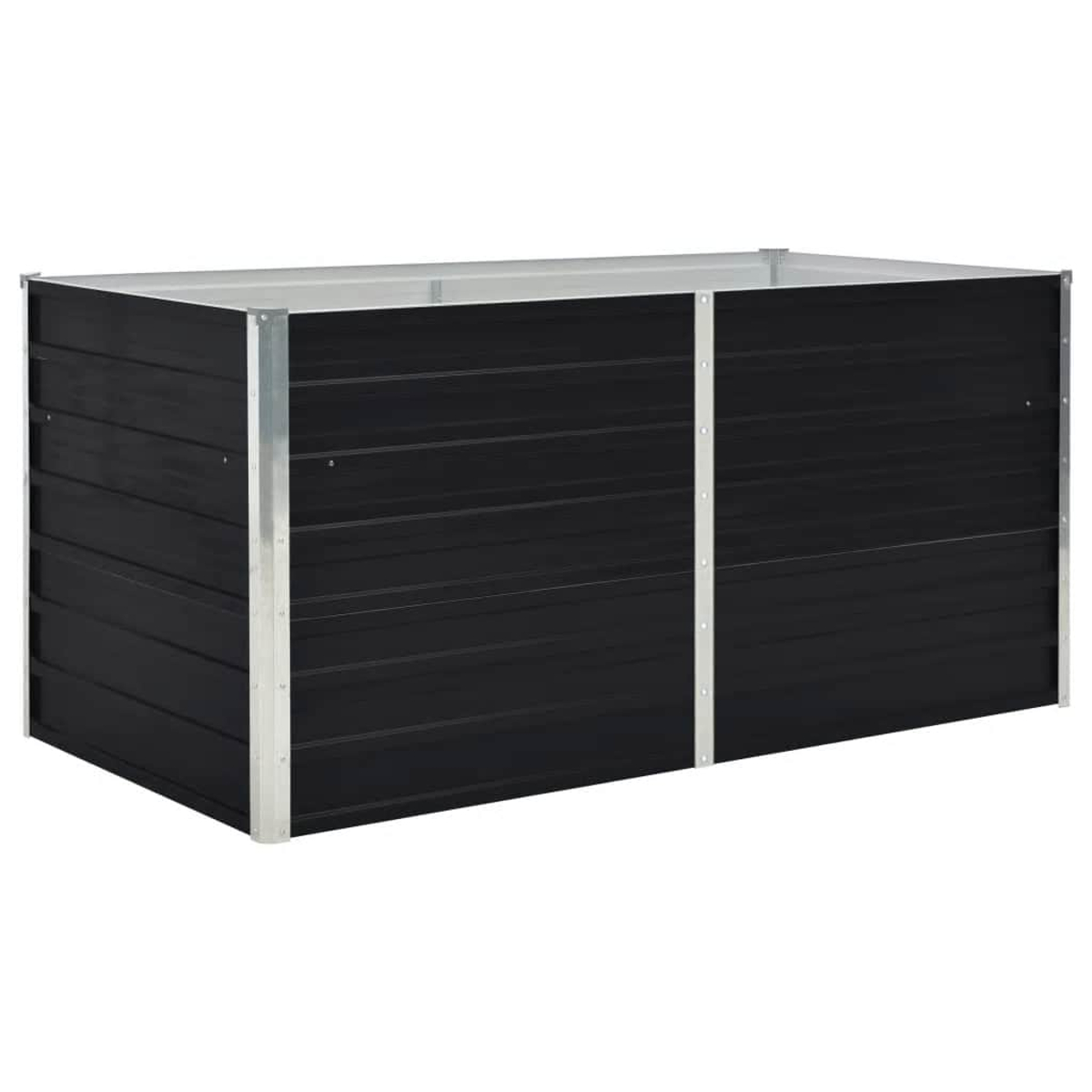 Ein schwarzes, rechteckiges Hochbeet mit silbernen Metallkanten wird vor weißem Hintergrund gezeigt.