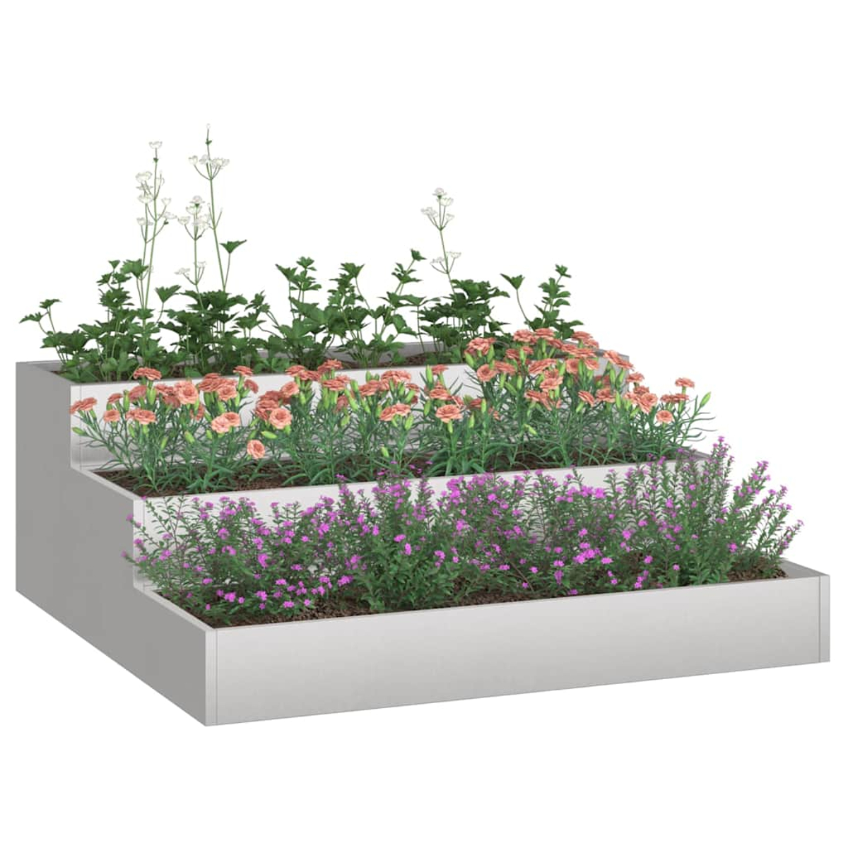 Fioriera a più livelli piena di fiori. Livello superiore: fiori bianchi. Livello intermedio: fiori rosa. Livello inferiore: fiori viola.