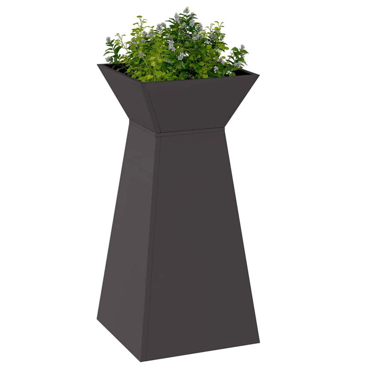 Una fioriera grigio scuro con piante verdi e fiori bianchi. La fioriera ha una forma quadrata e poggia su un piedistallo.