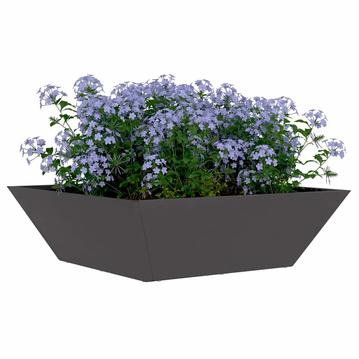 Una fioriera rettangolare grigio scuro piena di fiori blu e fogliame verde, su sfondo bianco.