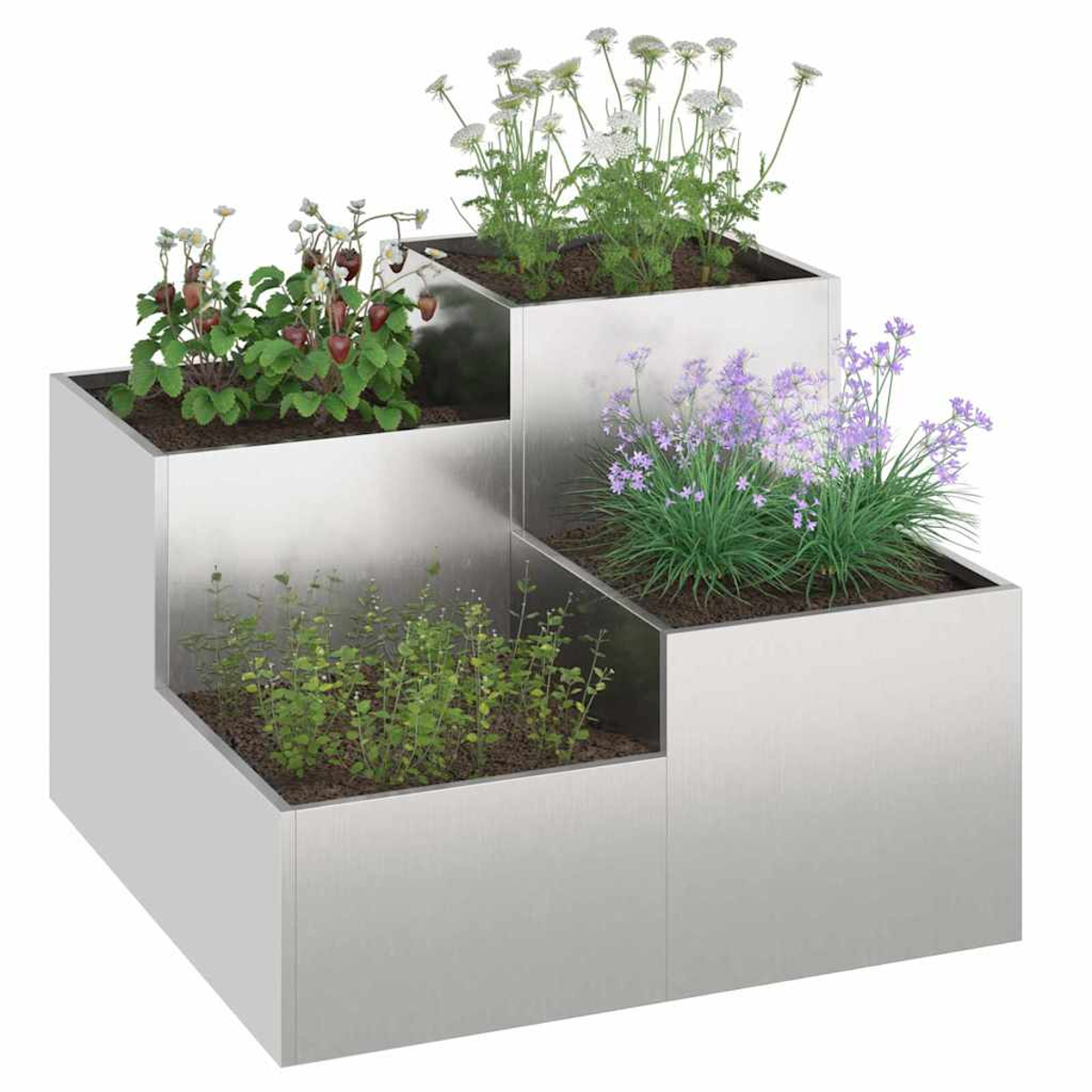 Una fioriera a gradini con quattro sezioni. Ogni sezione contiene piante diverse: fragole, fiori bianchi, fiori viola e piccole piante verdi.