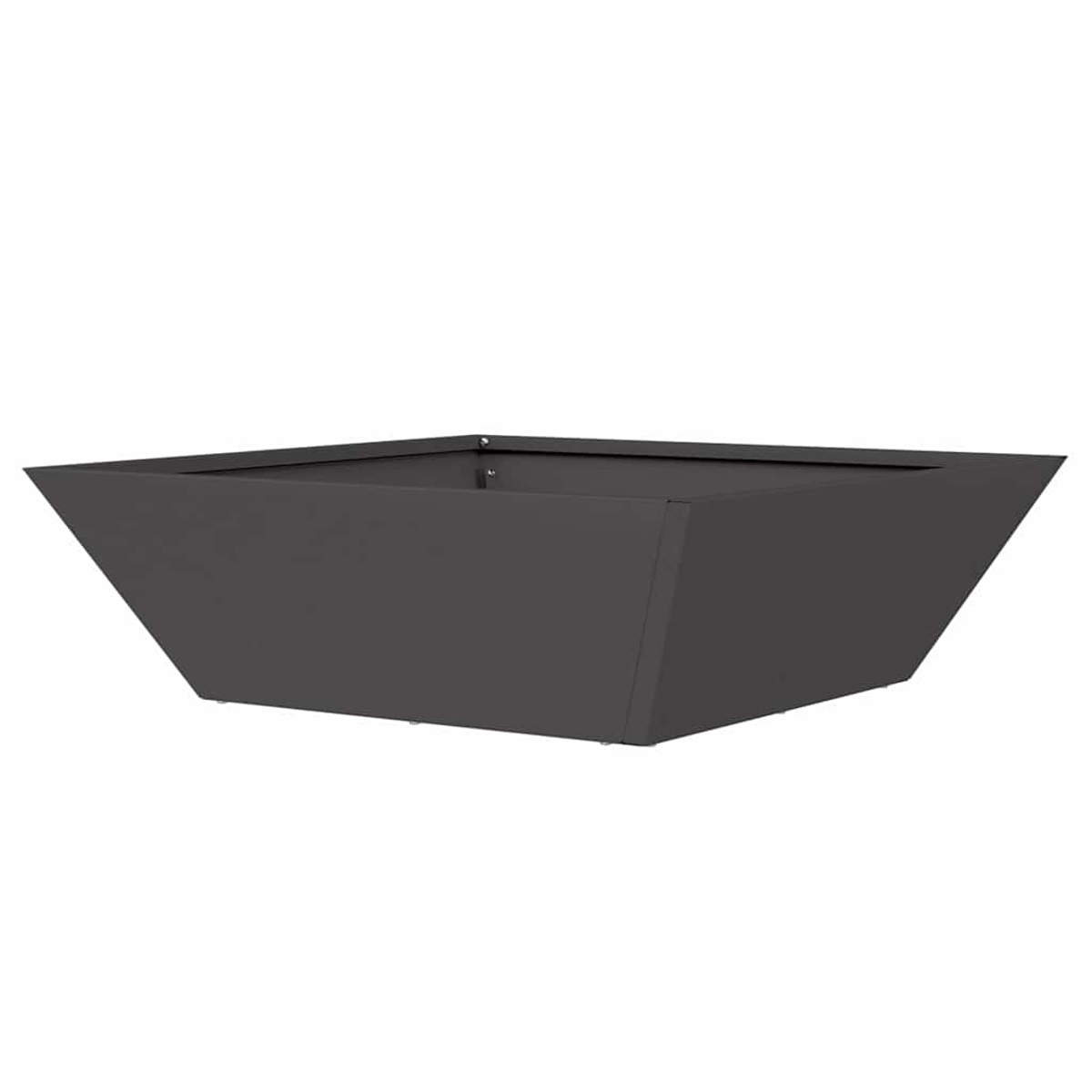 Una fioriera trapezoidale grigio scuro è centrata su uno sfondo bianco. I lati della fioriera sono inclinati verso l'interno e la parte superiore è aperta.