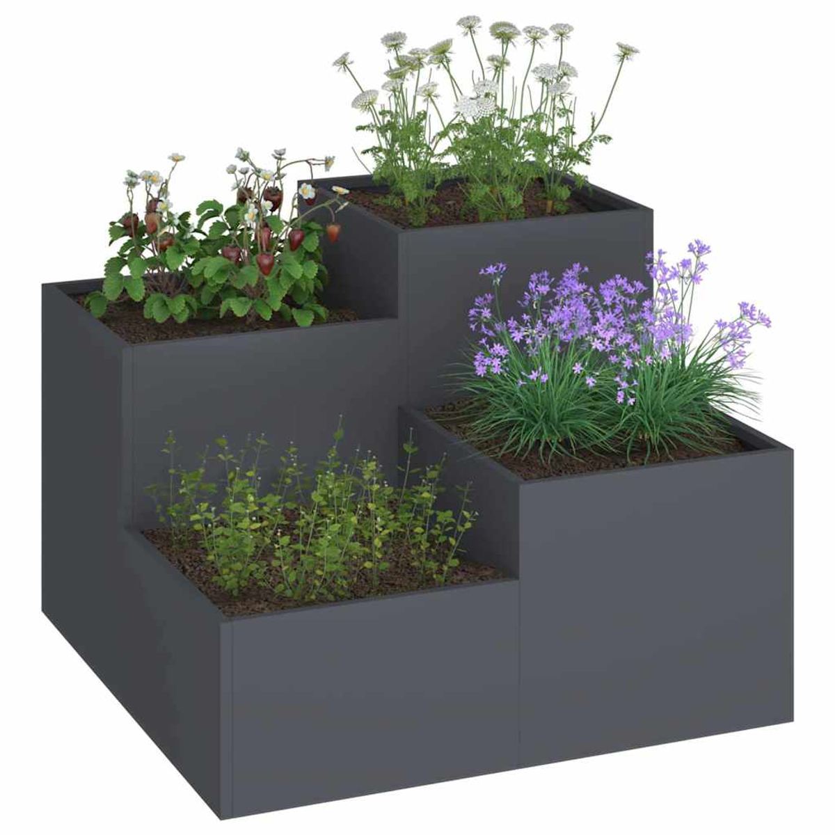 Una fioriera a più livelli con varie piante. Include fragole, fiori viola e bianchi in contenitori grigio scuro.