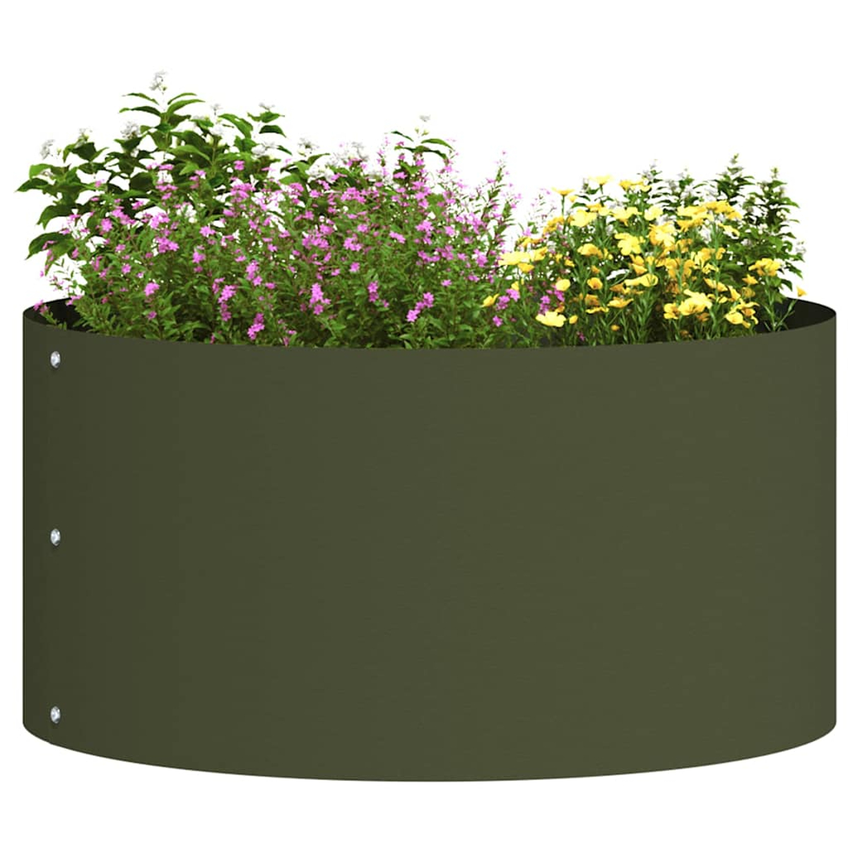 Una fioriera rotonda, verde scuro, piena di piante fiorite rosa e gialle. La fioriera ha tre rivetti sul lato.
