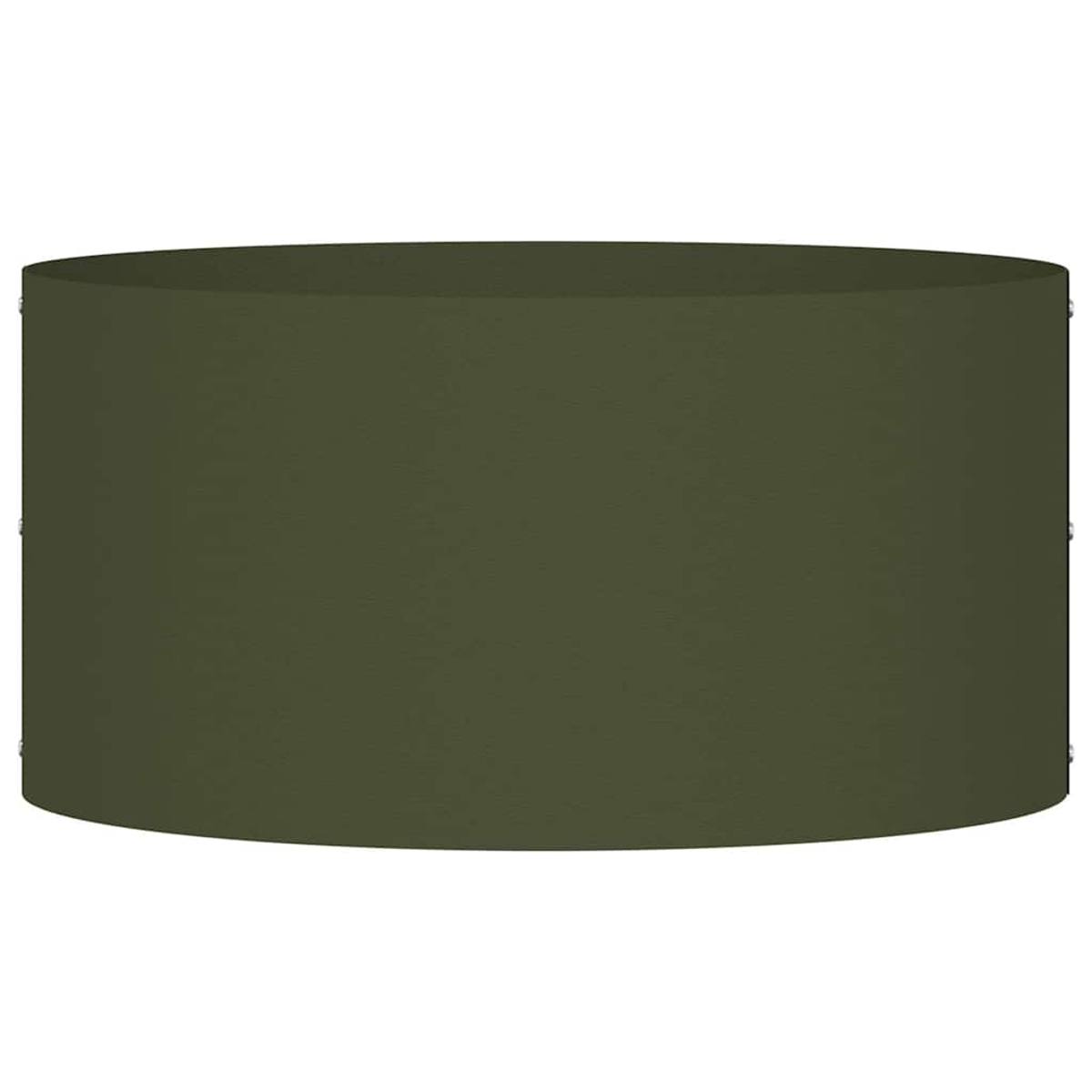 Un oggetto cilindrico, colorato in verde oliva, è presentato su uno sfondo bianco. Sembra essere un vaso o un oggetto decorativo.