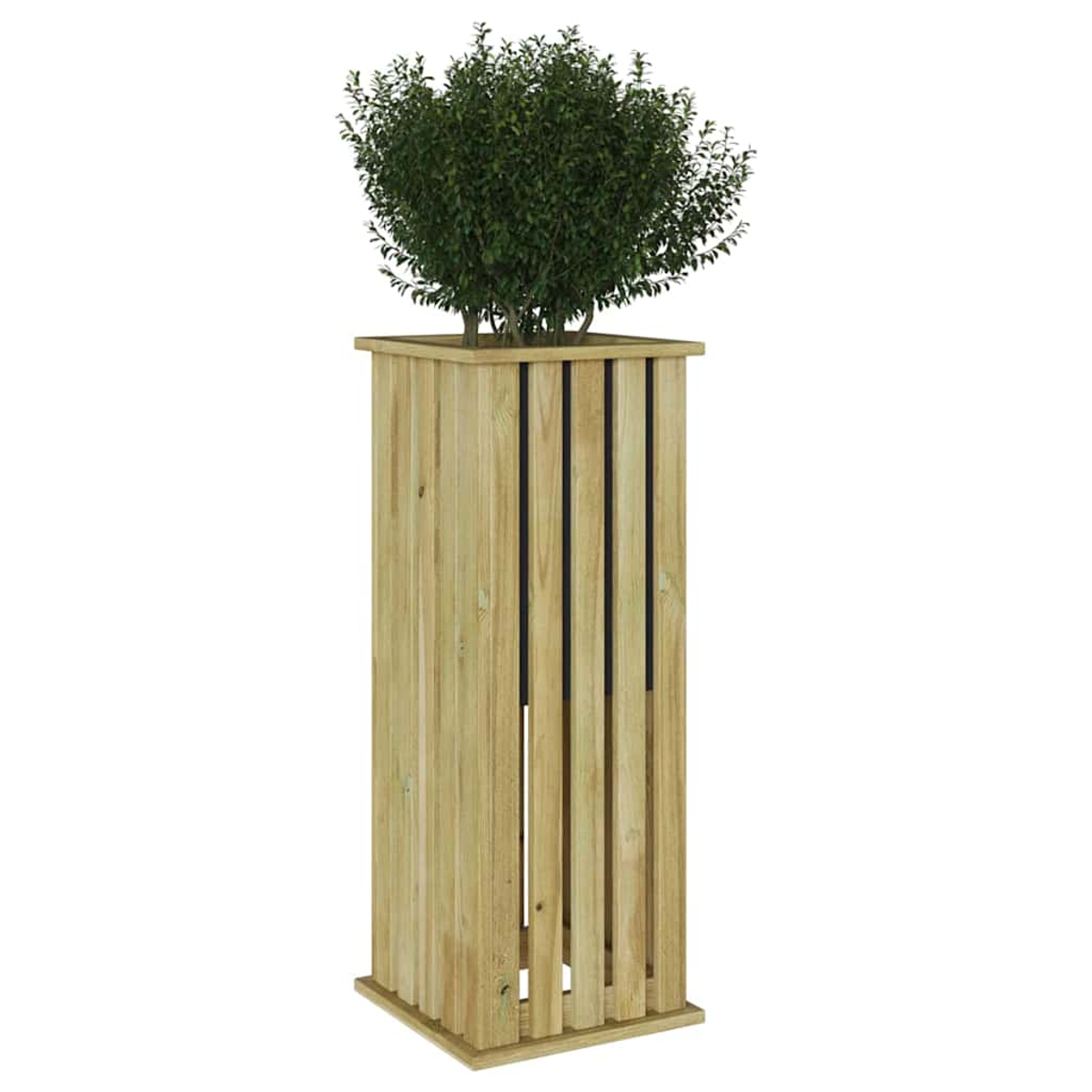 Un'alta fioriera in legno con un cespuglio verde sopra. La fioriera ha doghe verticali con spazi scuri.