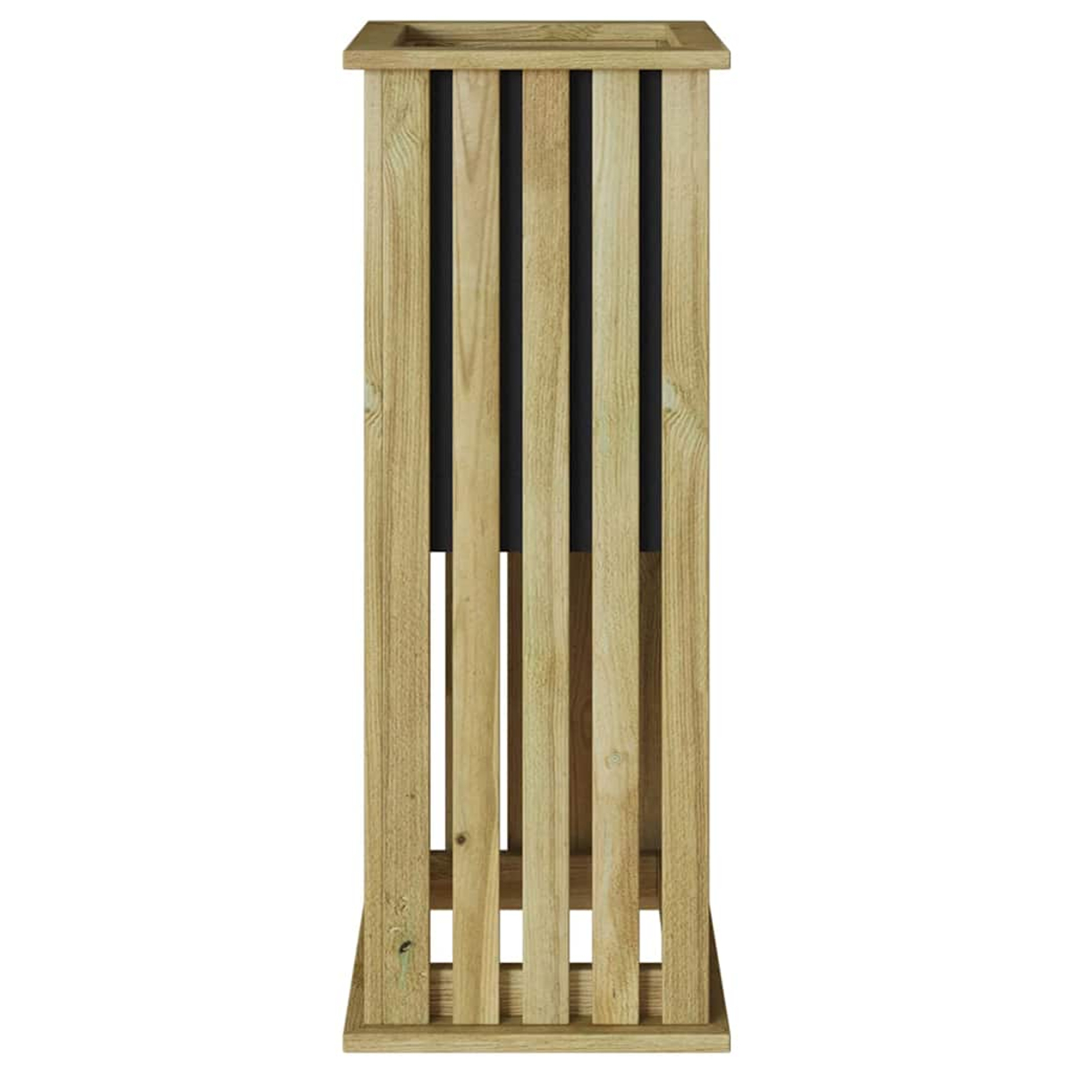Una fioriera in legno con doghe verticali. Ha una parte superiore e inferiore quadrata. Pannelli neri sono visibili tra le doghe di legno.