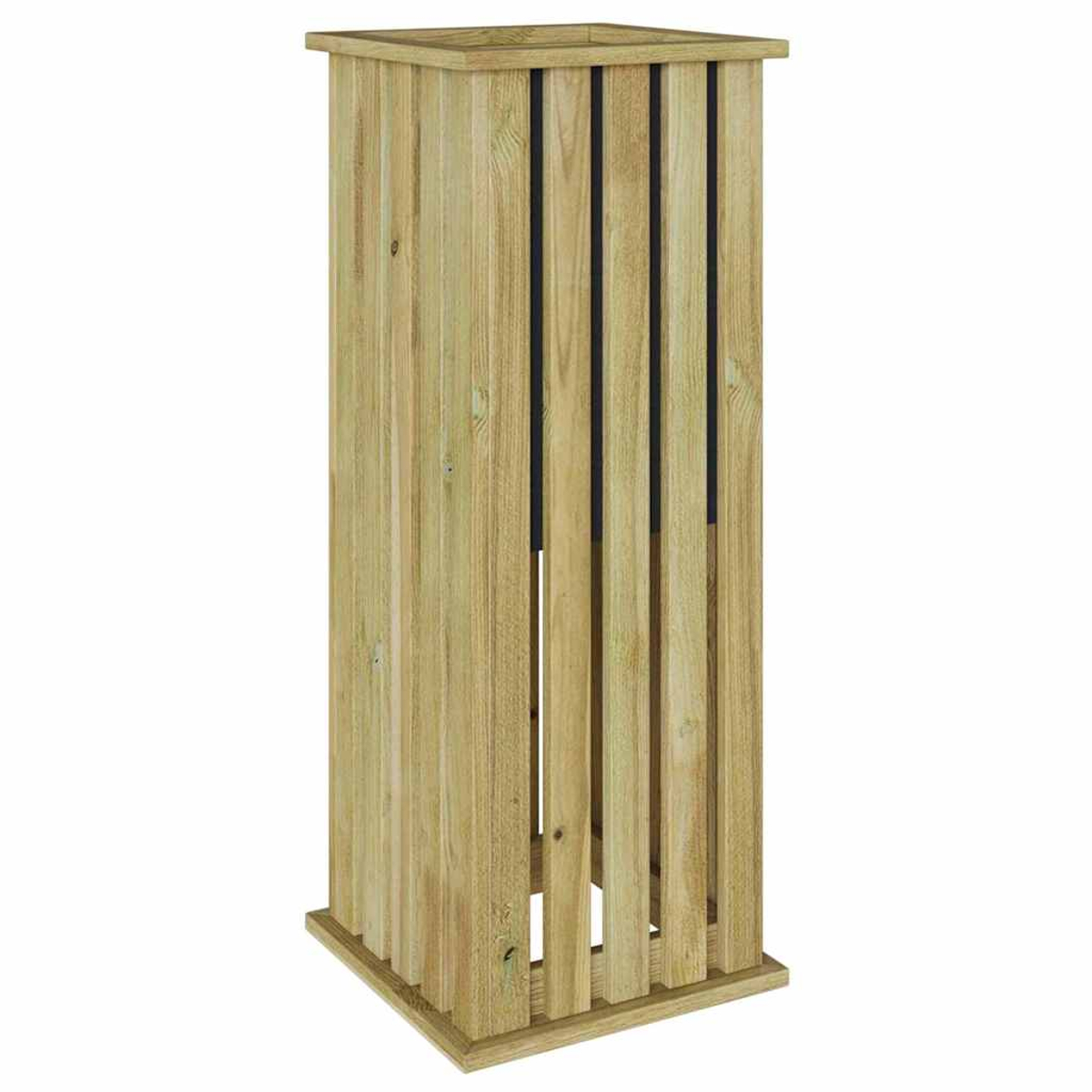 Una struttura rettangolare in legno con doghe verticali. Sembra essere un cestino decorativo.