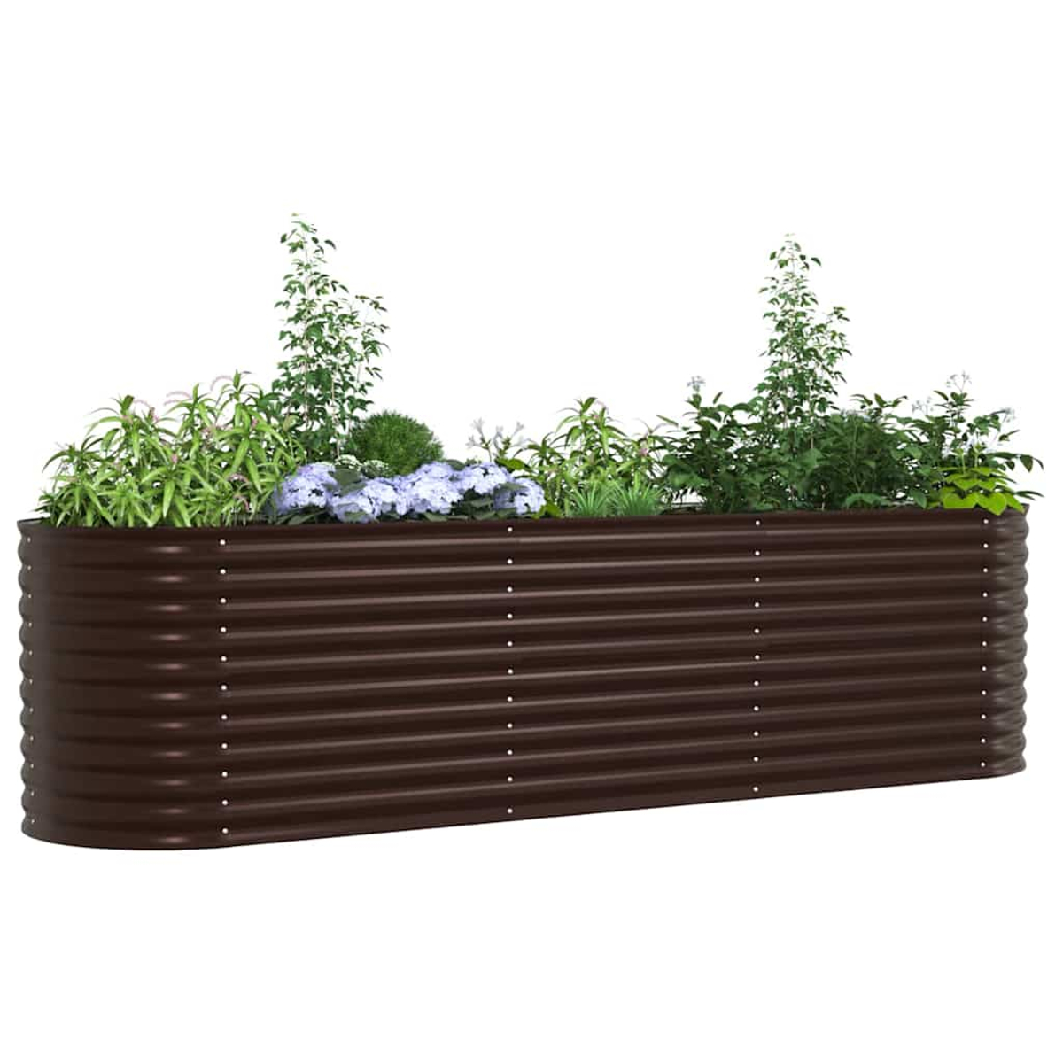 Una fioriera in metallo ondulato marrone riempita di piante verdi e fiori viola e bianchi. Sfondo bianco.