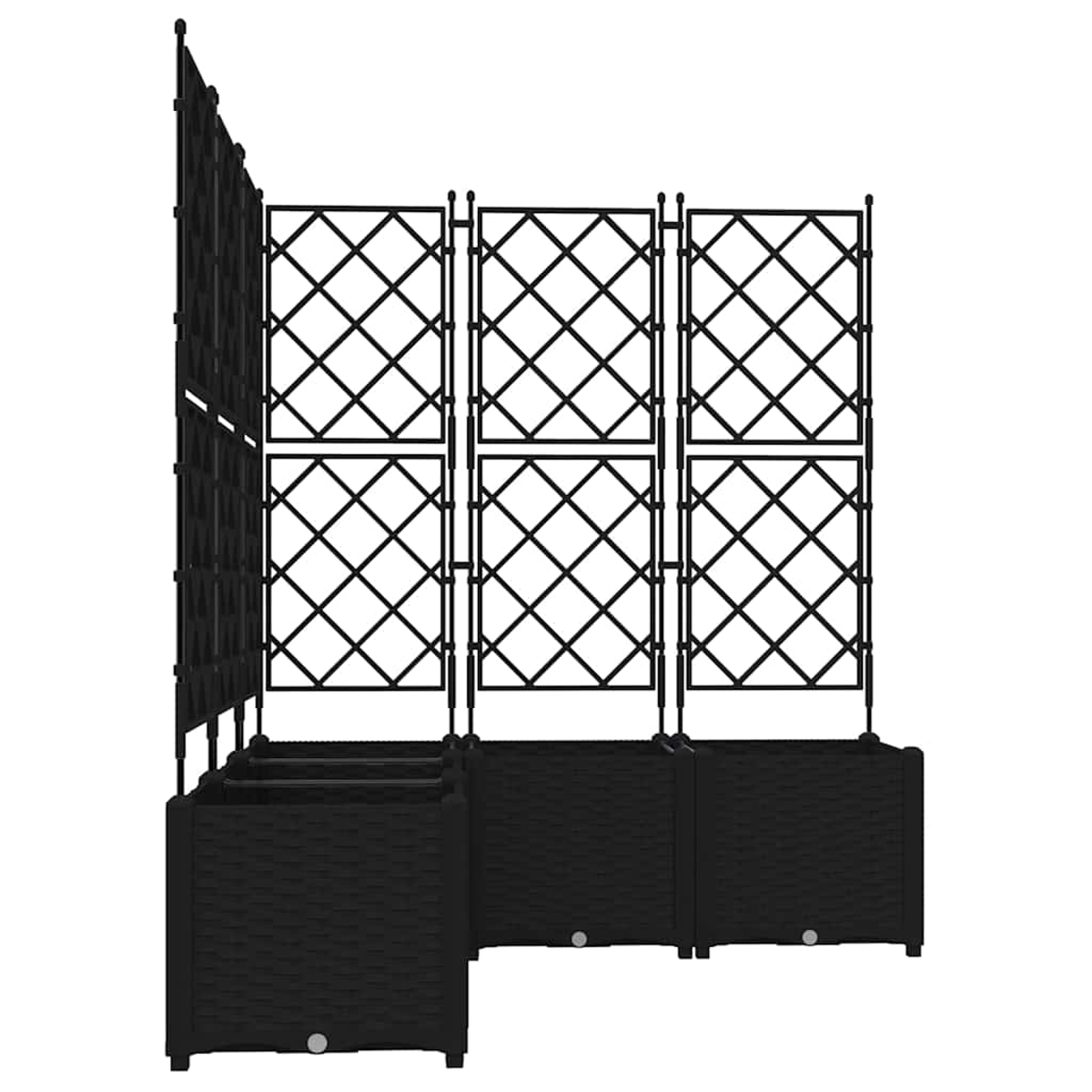 Fioriera nera con schermi a traliccio. Texture stile rattan sulle fioriere. Motivo a rombi sugli schermi. Sfondo bianco.