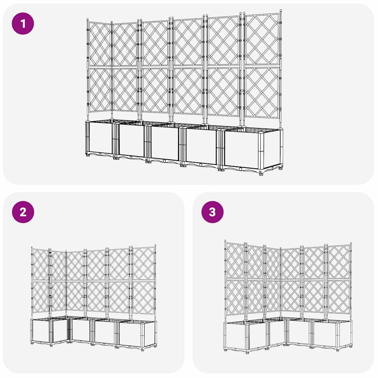 Diagramma di un sistema a traliccio. Tre varianti mostrano diverse configurazioni di fioriere e pannelli a traliccio su sfondo viola.
