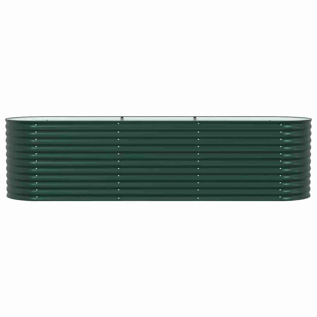 Un'aiuola rialzata rettangolare verde in metallo ondulato. Si trova su uno sfondo bianco.