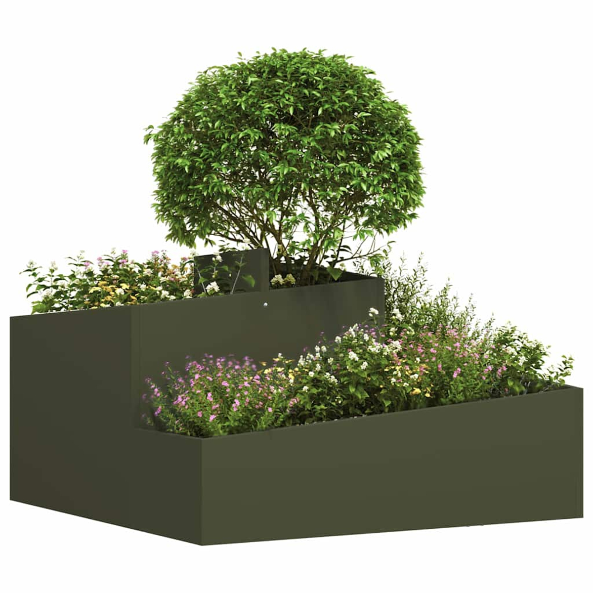 Una fioriera a più livelli con un albero e vari fiori. La scatola è verde scuro. L'albero ha foglie verdi. I fiori sono bianchi, rosa e gialli.