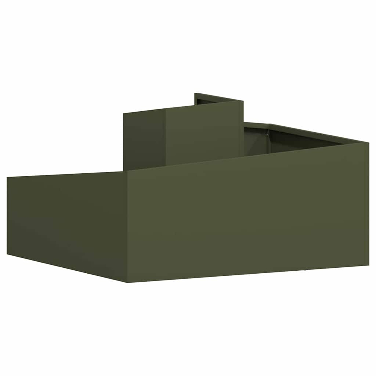 Una struttura geometrica verde oliva con livelli a gradini. Sembra essere un'esposizione o una porzione di un elemento architettonico più grande.