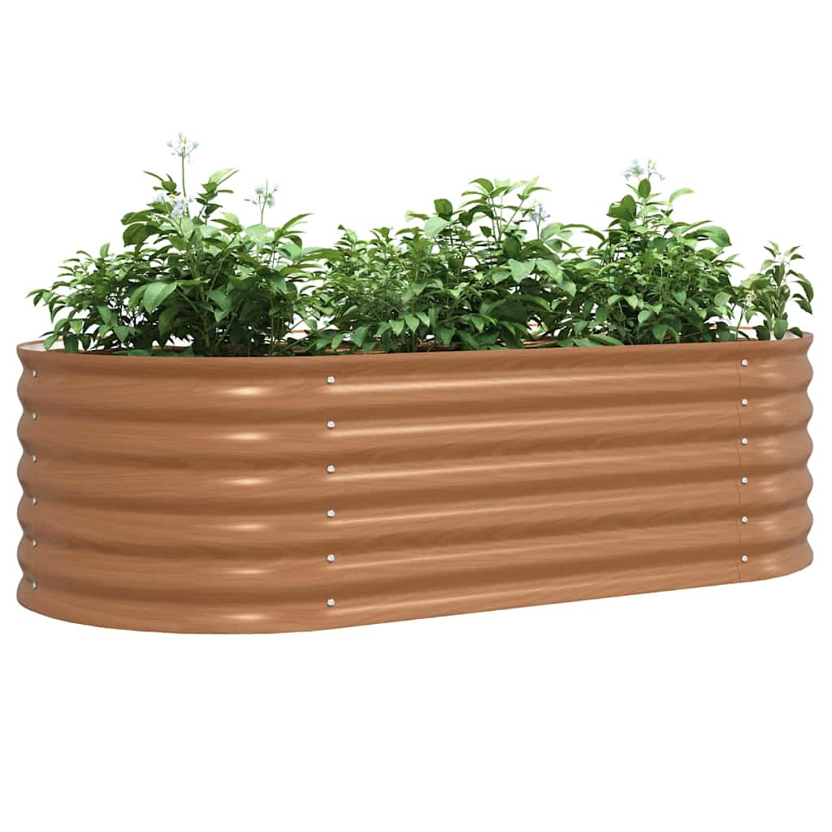 Ein braunes Hochbeet mit grünen Pflanzen. Das Beet hat ein wellenförmiges Design und kleine silberne Nieten sind sichtbar.