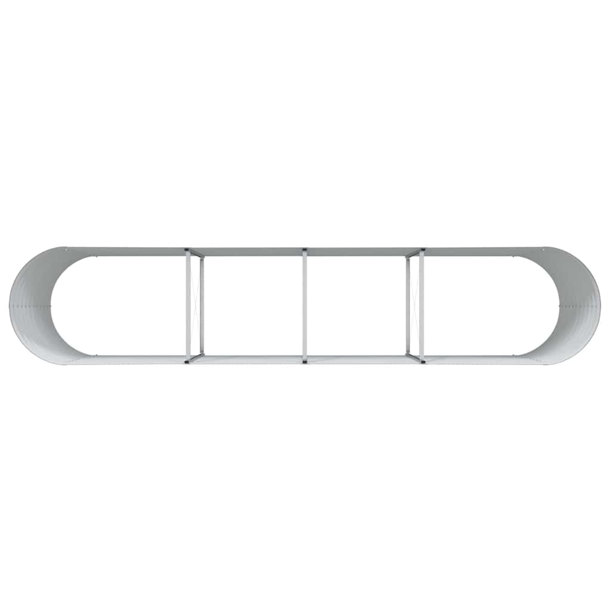 Una struttura curva di colore argento. Ha una forma rettangolare con estremità arrotondate. I supporti verticali sono visibili al centro.