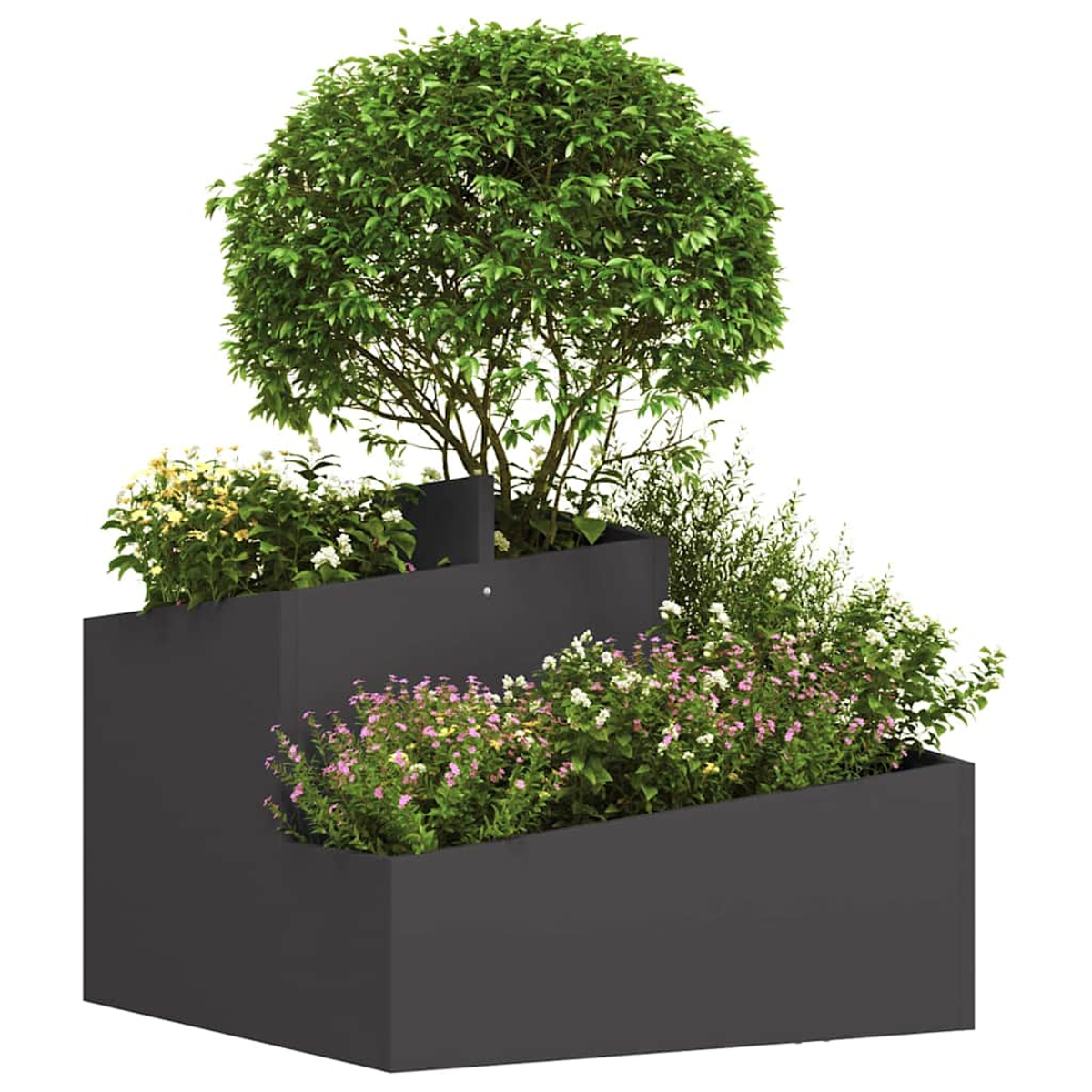 Una fioriera grigia a più livelli con un albero verde e vari fiori. Lo sfondo è bianco. L'albero è rotondo con foglie piene.