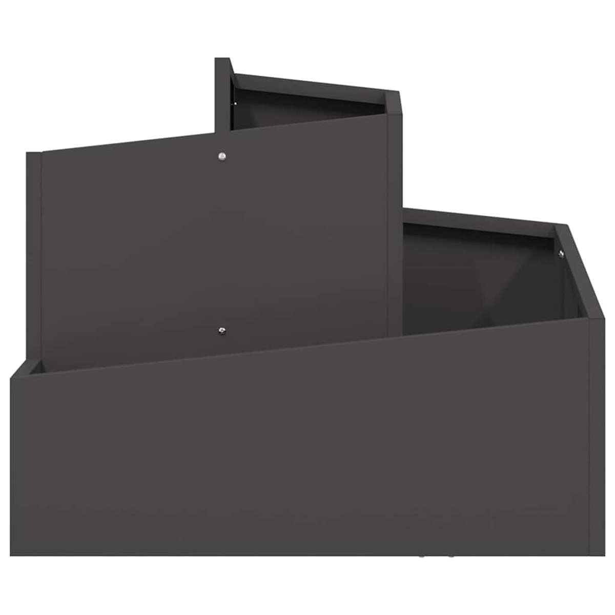 È mostrata una fioriera grigio scuro a più livelli. Ha un design geometrico semplice con viti visibili.