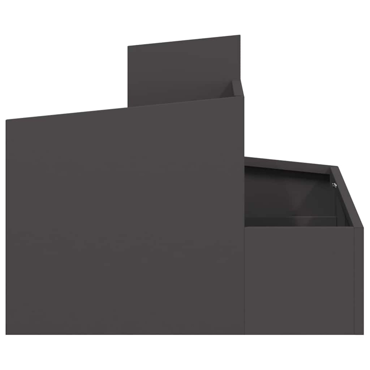 Una struttura angolare grigio scuro. Ha una parte superiore aperta e una sezione a forma di cassetto. Lo sfondo è bianco.
