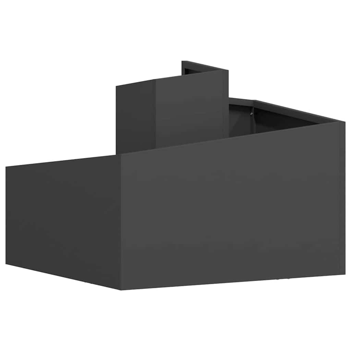 Una cappa da cucina grigio scuro opaco con un design geometrico. Ha una forma angolare a gradini con un aspetto squadrato.