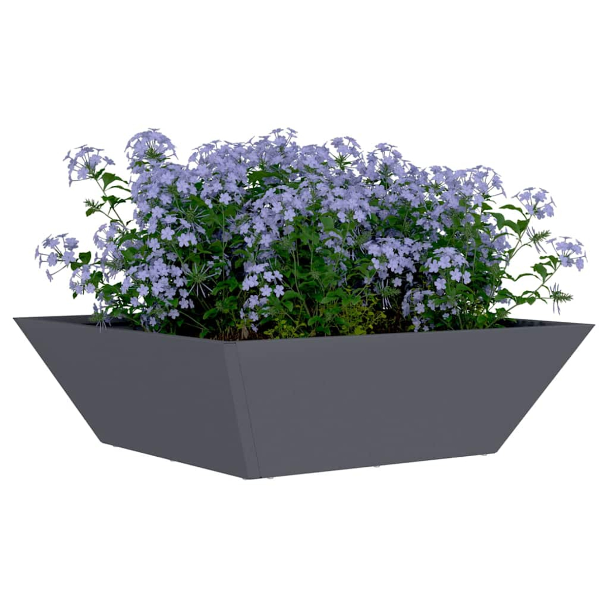 Una fioriera rettangolare grigia piena di fiori blu e foglie verdi. La fioriera ha un design moderno e angolare.