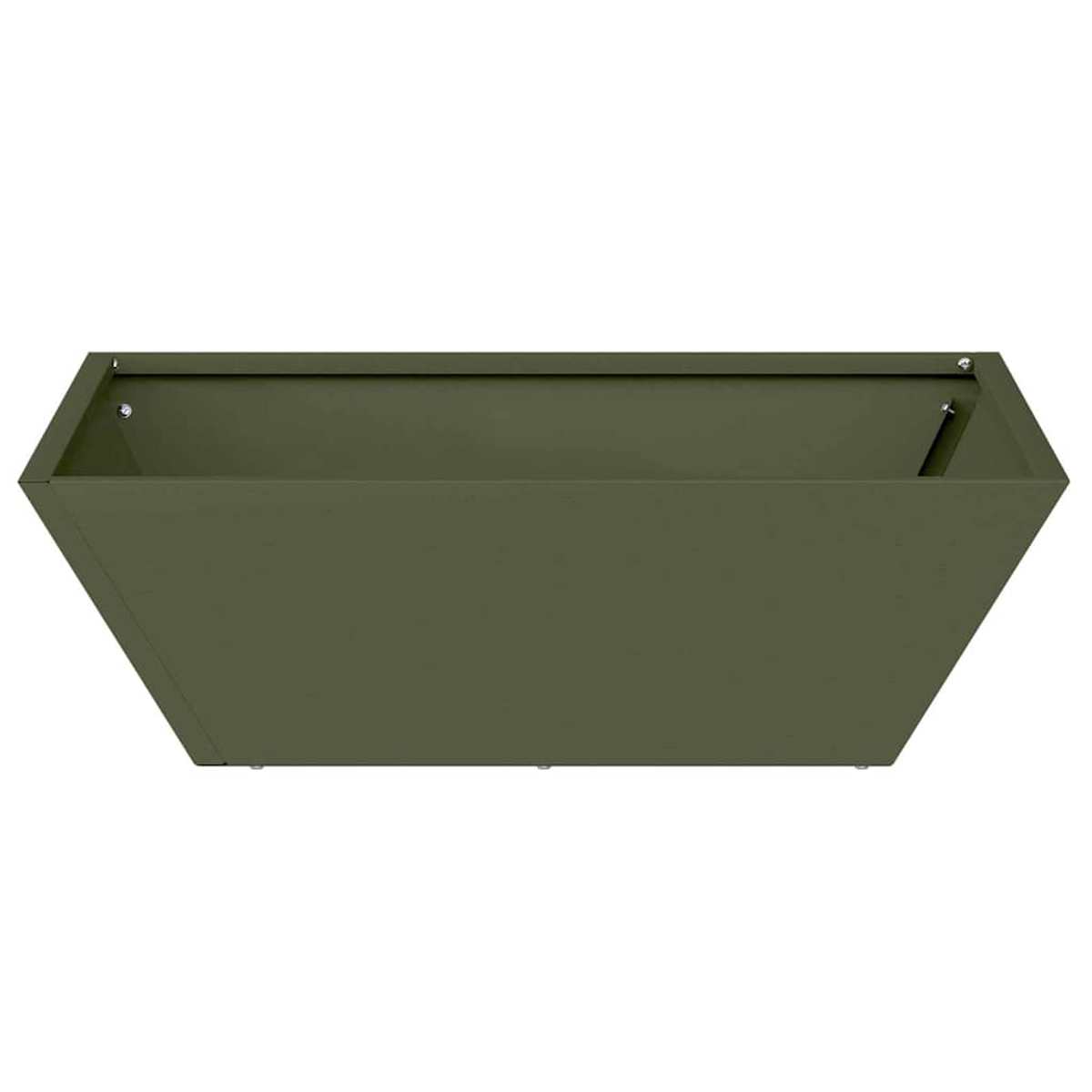 Un'aiuola rettangolare verde oliva. La scatola ha una forma trapezoidale, con interno visibile e diversi rivetti.