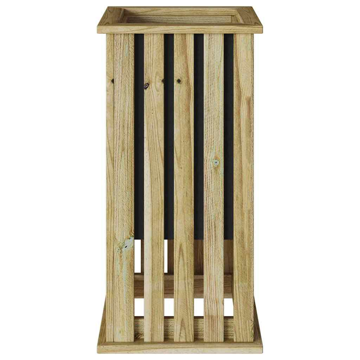 Una fioriera in legno con doghe verticali. La fioriera ha una forma rettangolare e un interno scuro, con la parte superiore aperta.