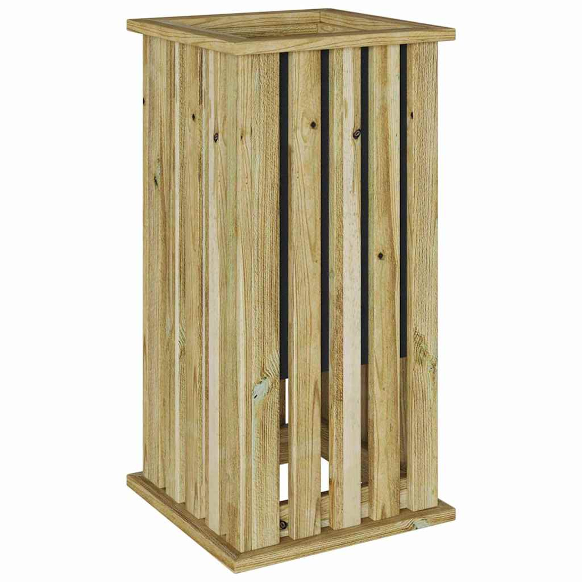Una fioriera in legno. È composta da assi verticali di colore chiaro con spazi neri. Ha una parte superiore quadrata e una base quadrata.