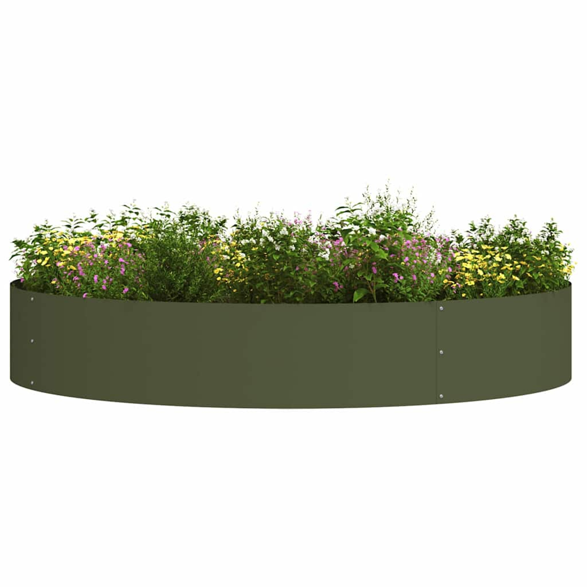 Una fioriera circolare verde scuro piena di varie piante fiorite. Sono visibili fiori gialli, rosa e bianchi. Lo sfondo è bianco.