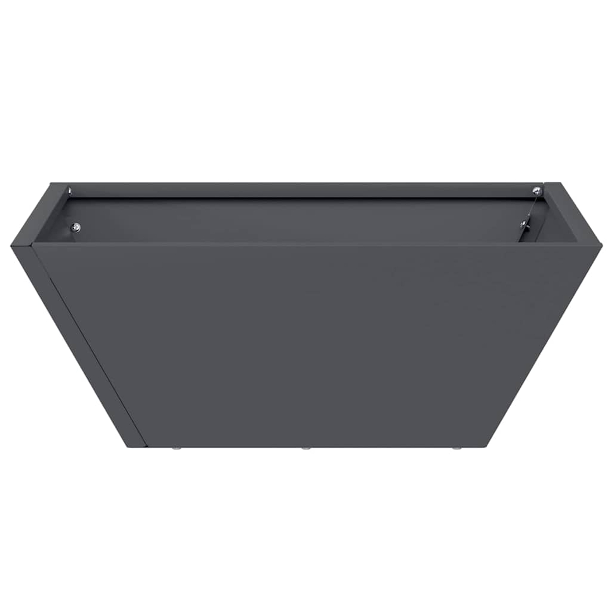 Una fioriera trapezoidale grigio scuro. La scatola è vuota, con viti visibili. Lo sfondo è bianco.