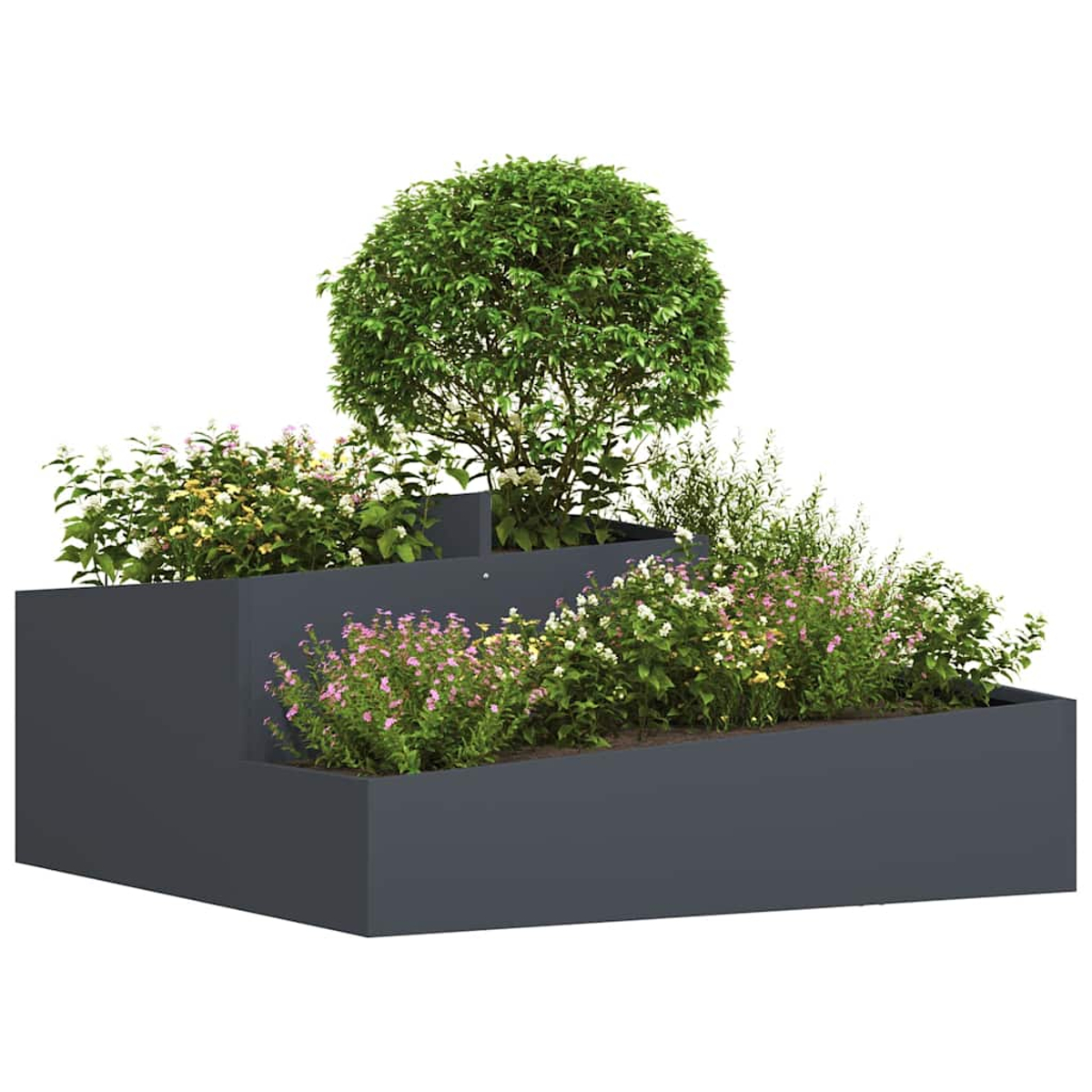 Una fioriera a più livelli piena di fiori e un albero rotondo e frondoso. La fioriera è grigio scuro, lo sfondo è bianco.