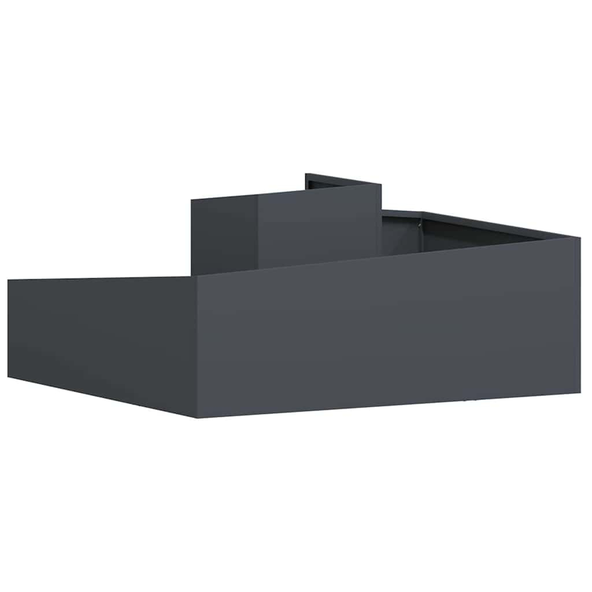 Una struttura grigio scuro e angolare, forse un elemento di design. Ha più livelli e una forma geometrica su sfondo bianco.