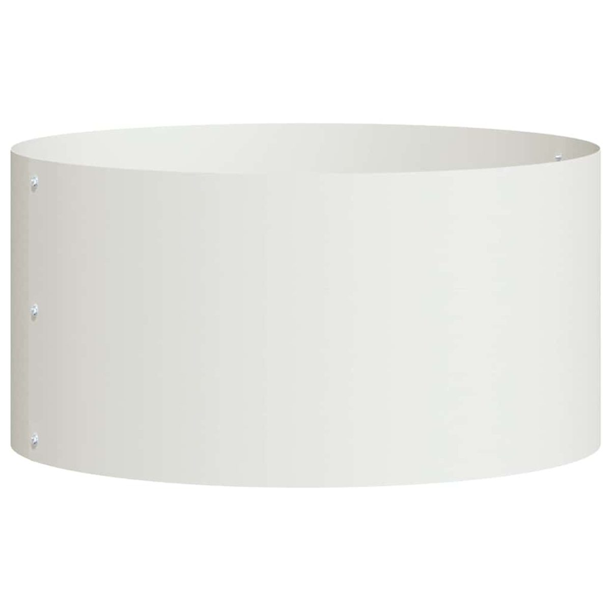 Una fioriera cilindrica con forma curva, colore bianco sporco e viti visibili. Lo sfondo è bianco.